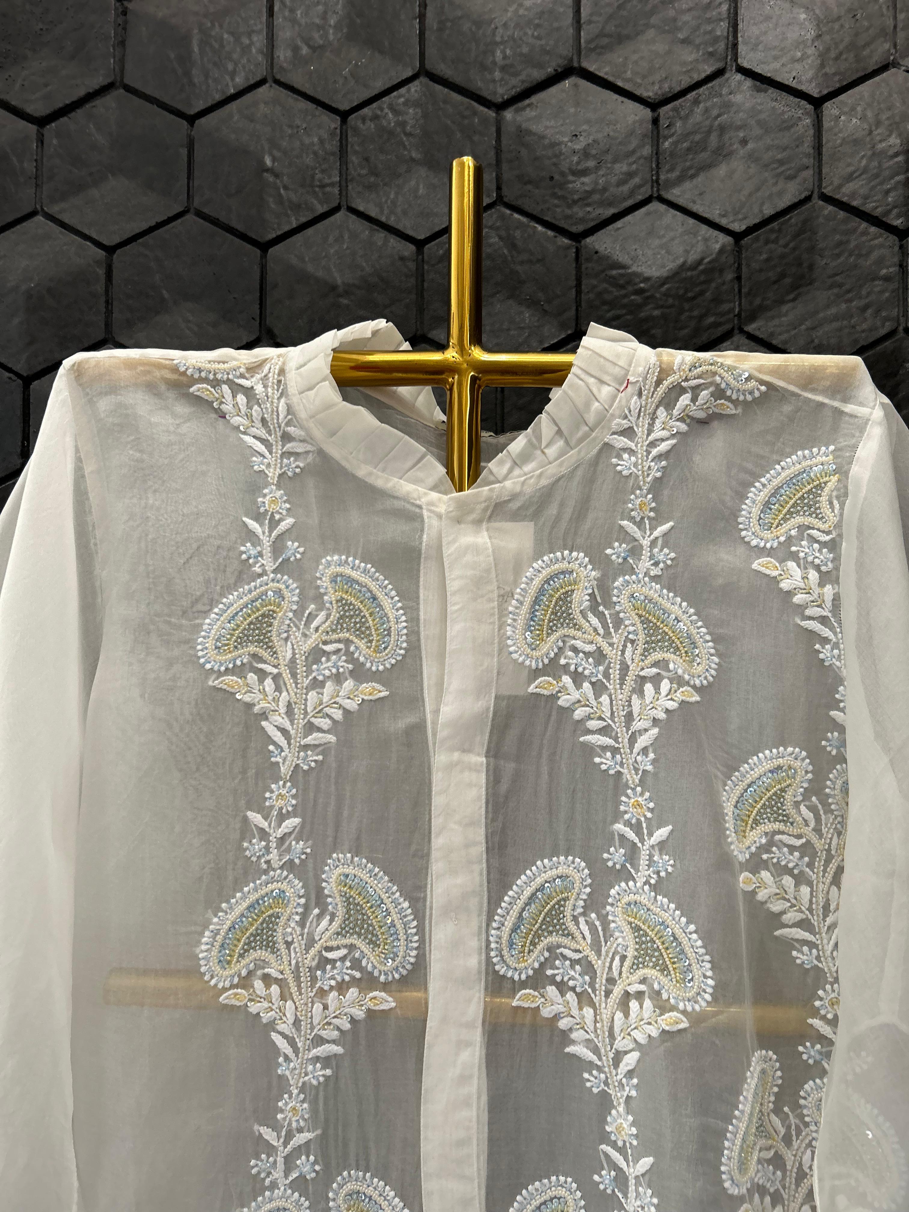 White organza chikankari shirt