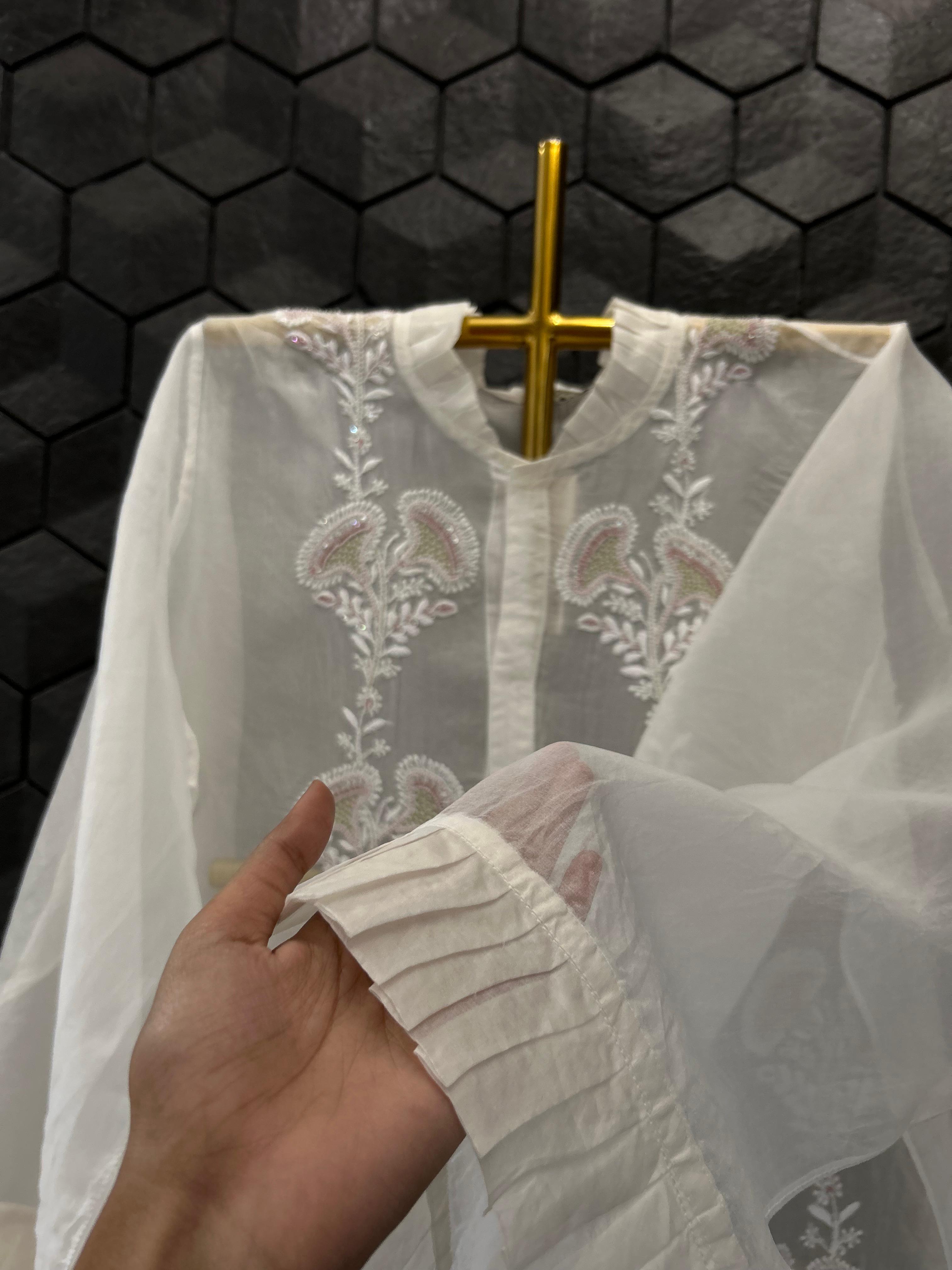 White organza chikankari shirt