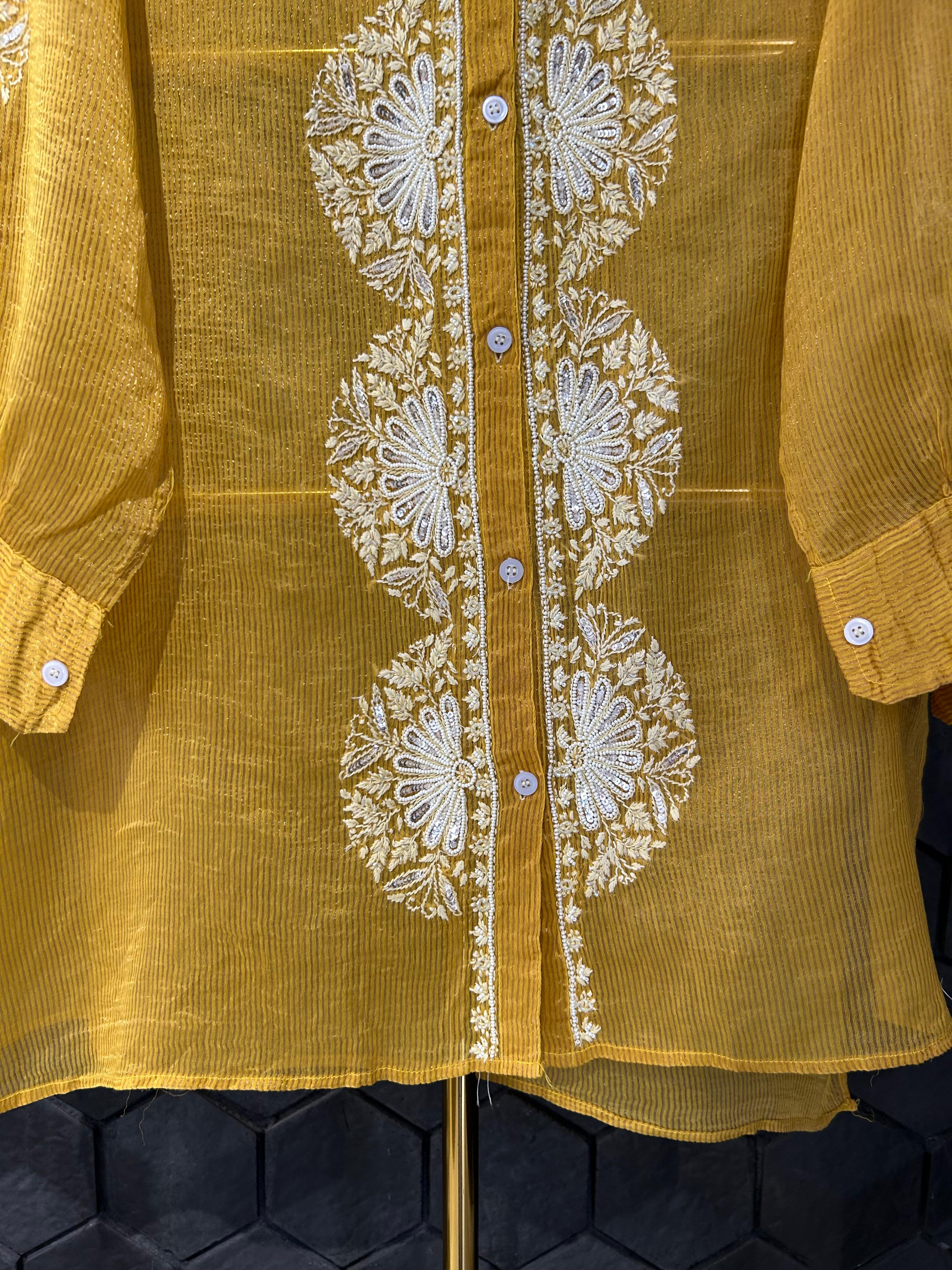 Mustard stripe tissue chikankari shirt