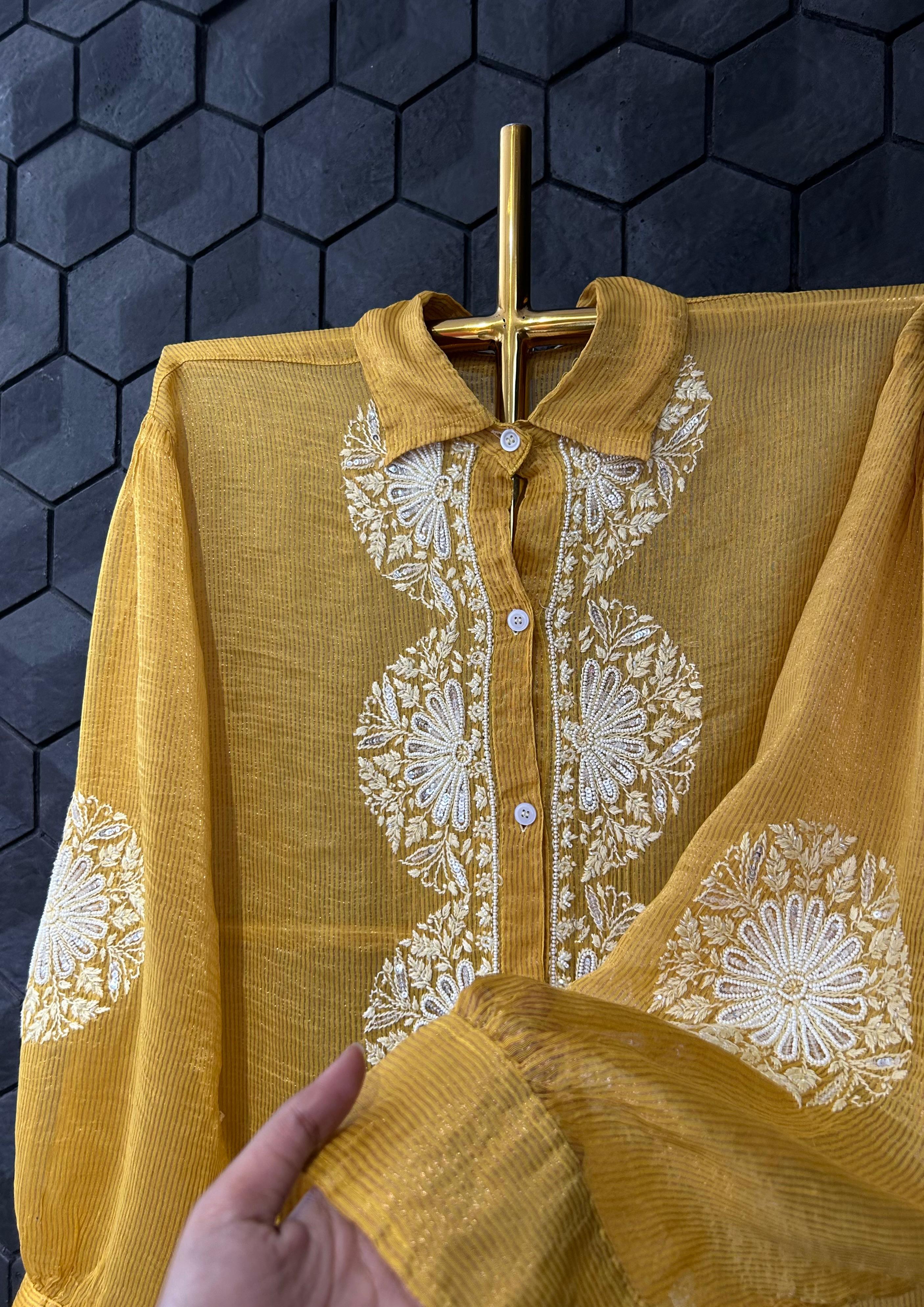 Mustard stripe tissue chikankari shirt