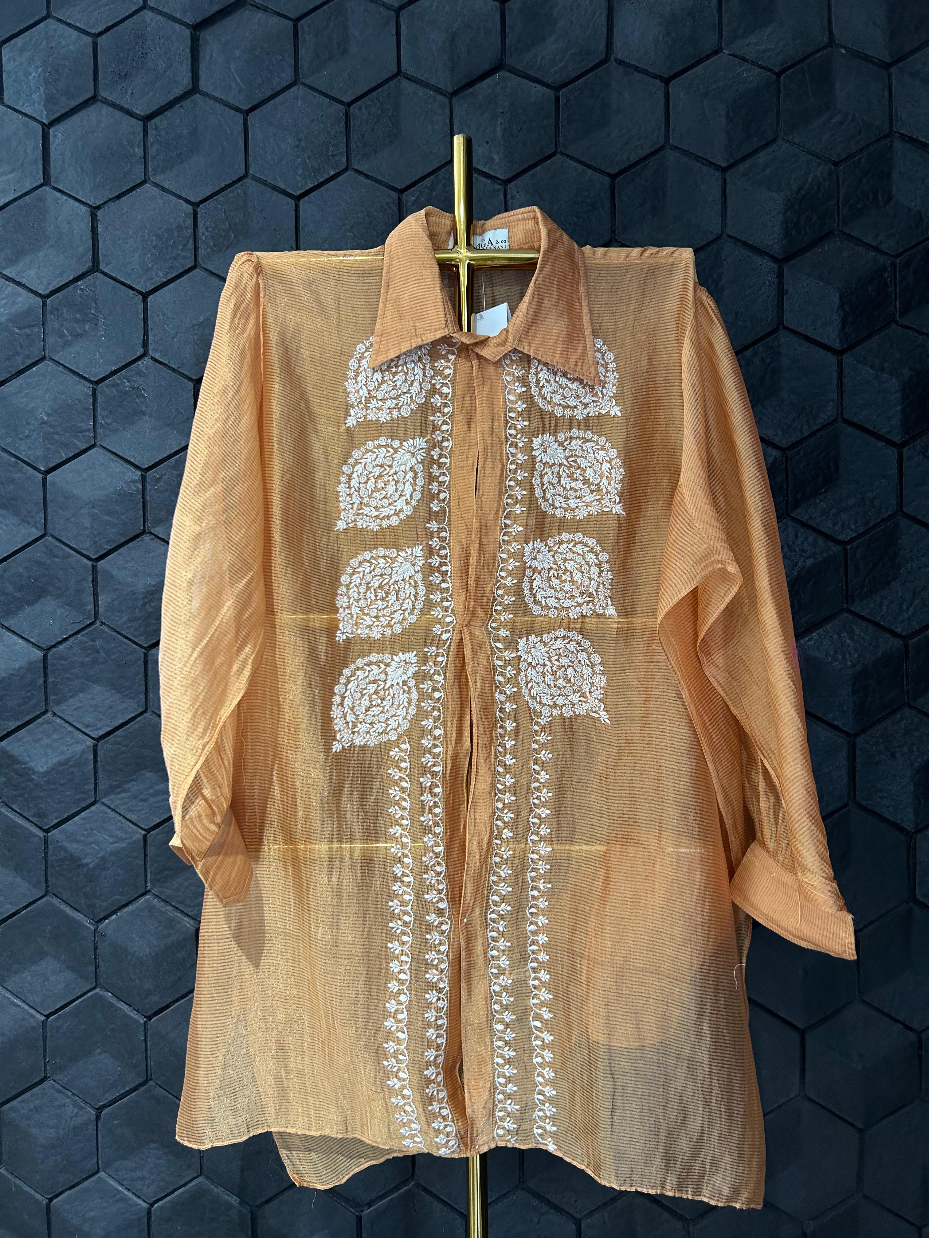 Orange Striped Tissue Chanderi Chikankari Shirt