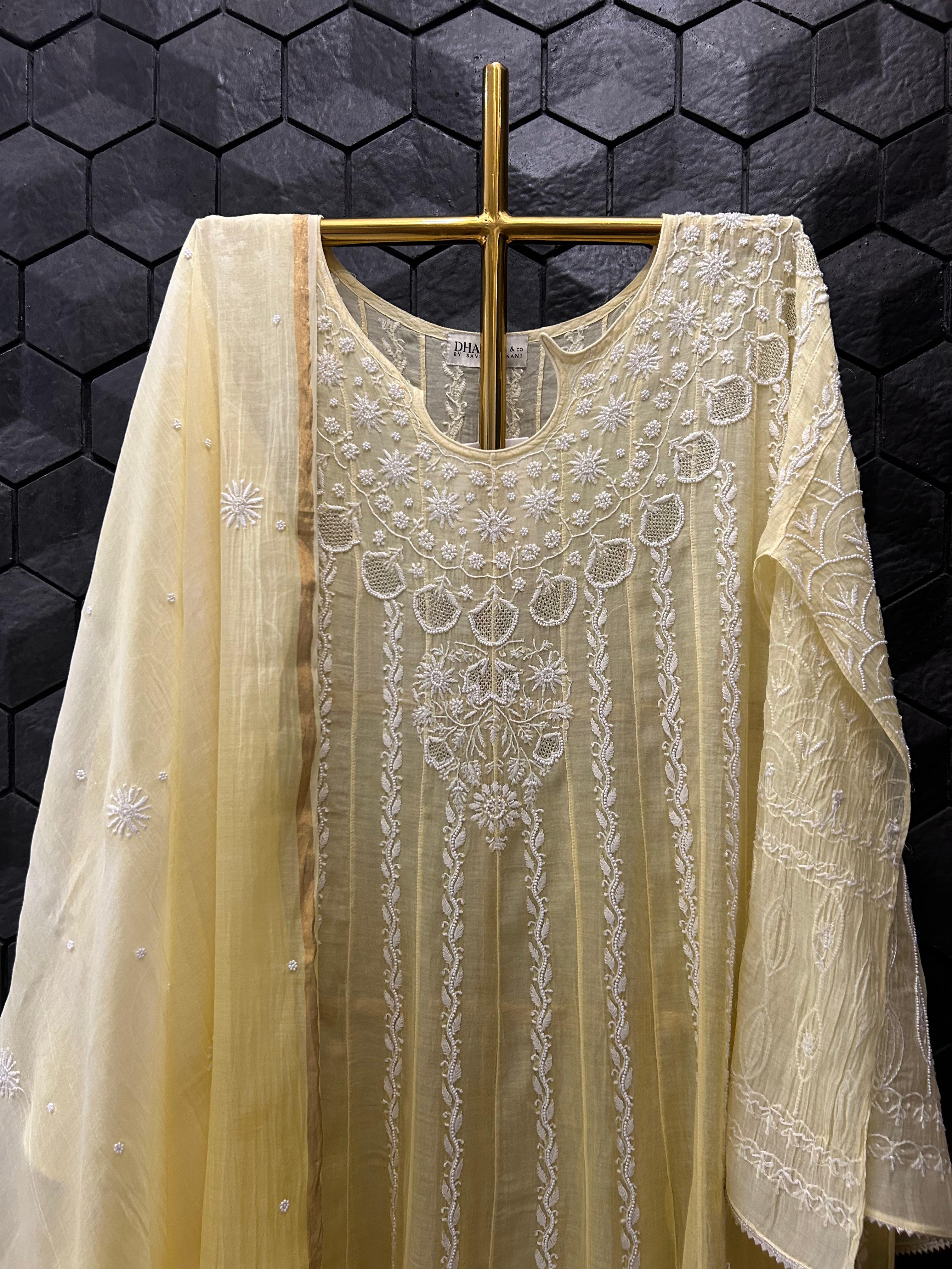 Yellow Mul Chanderi Chikankari anarkali set