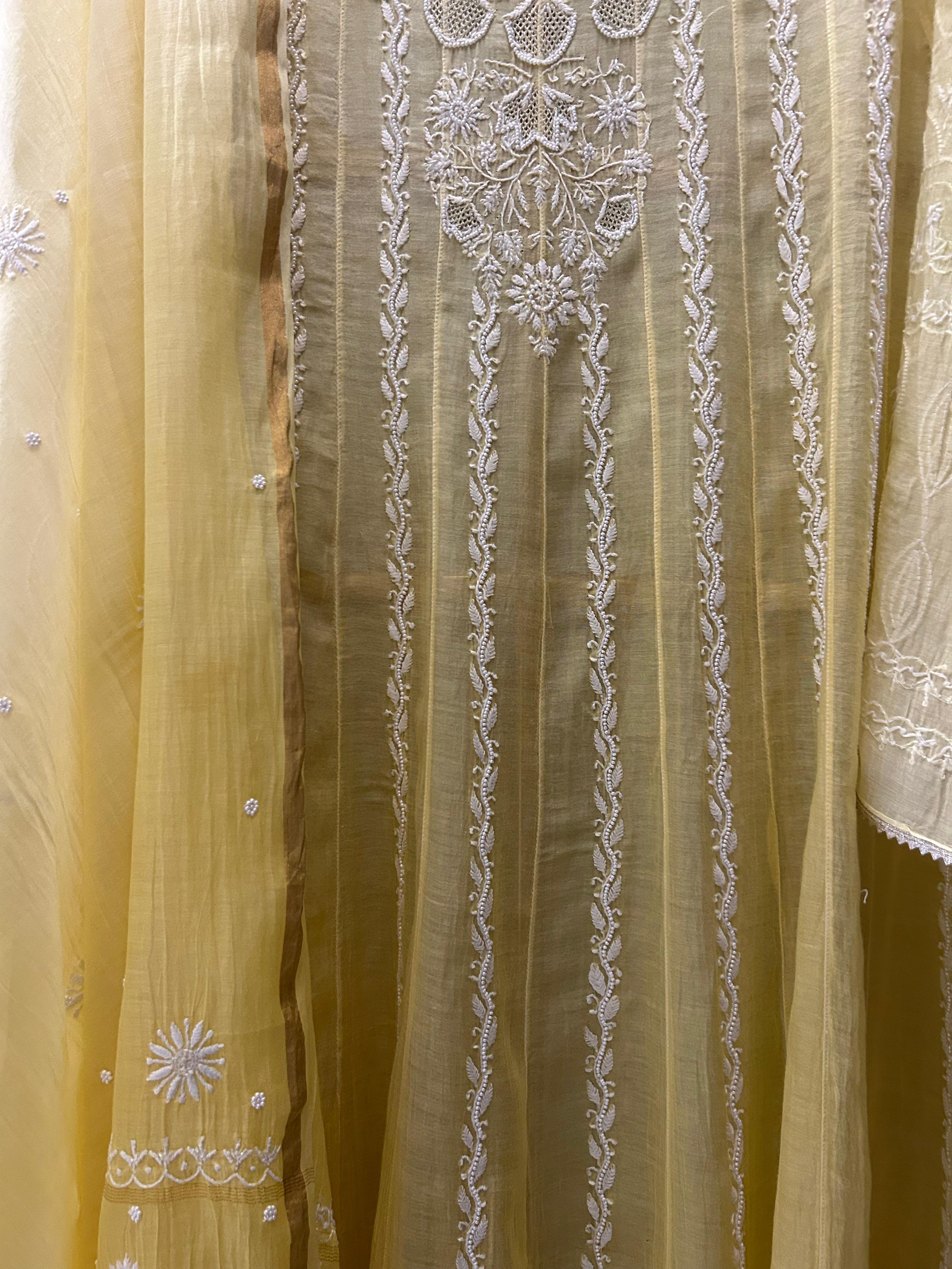 Yellow Mul Chanderi Chikankari anarkali set