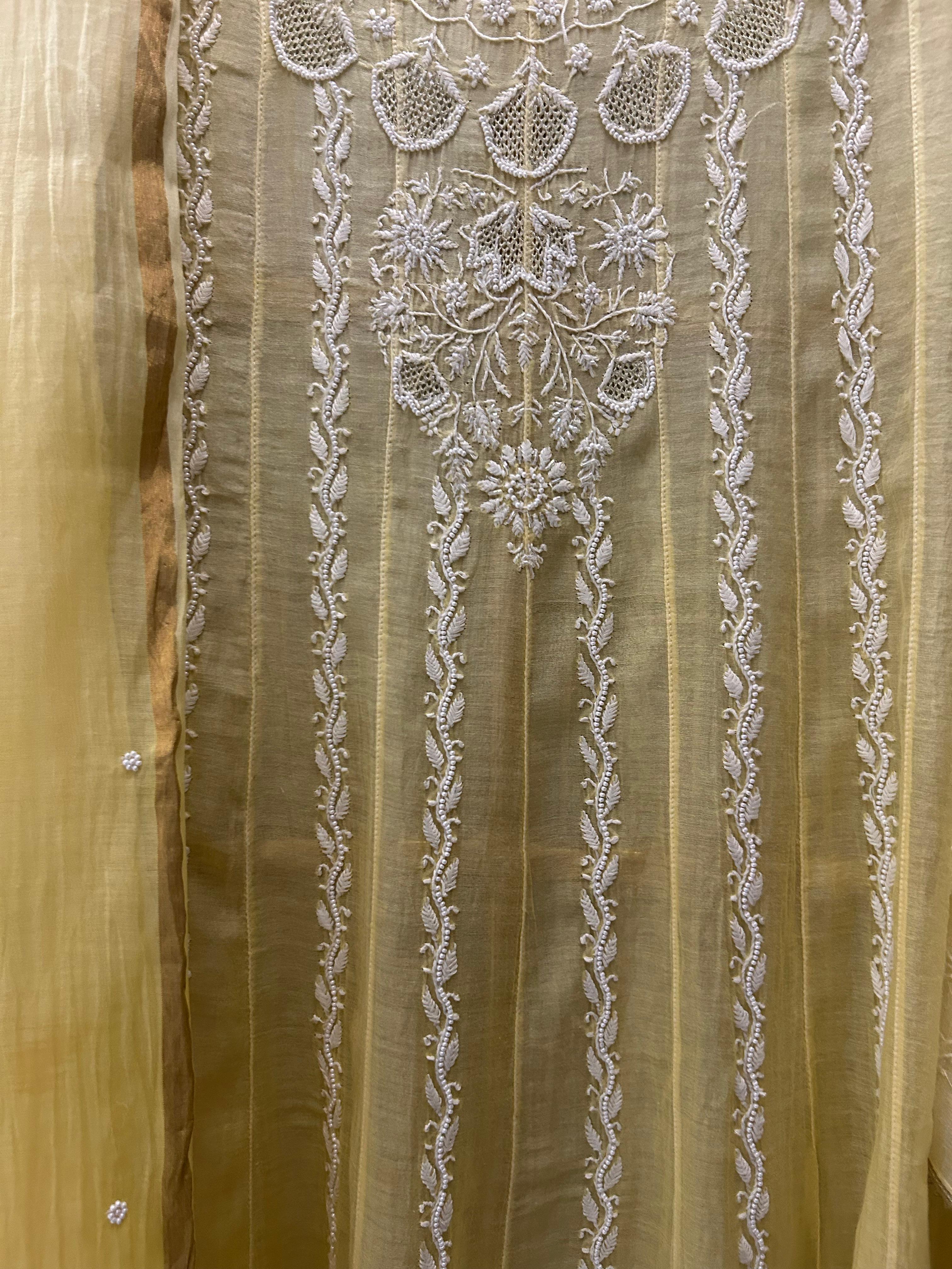 Yellow Mul Chanderi Chikankari anarkali set