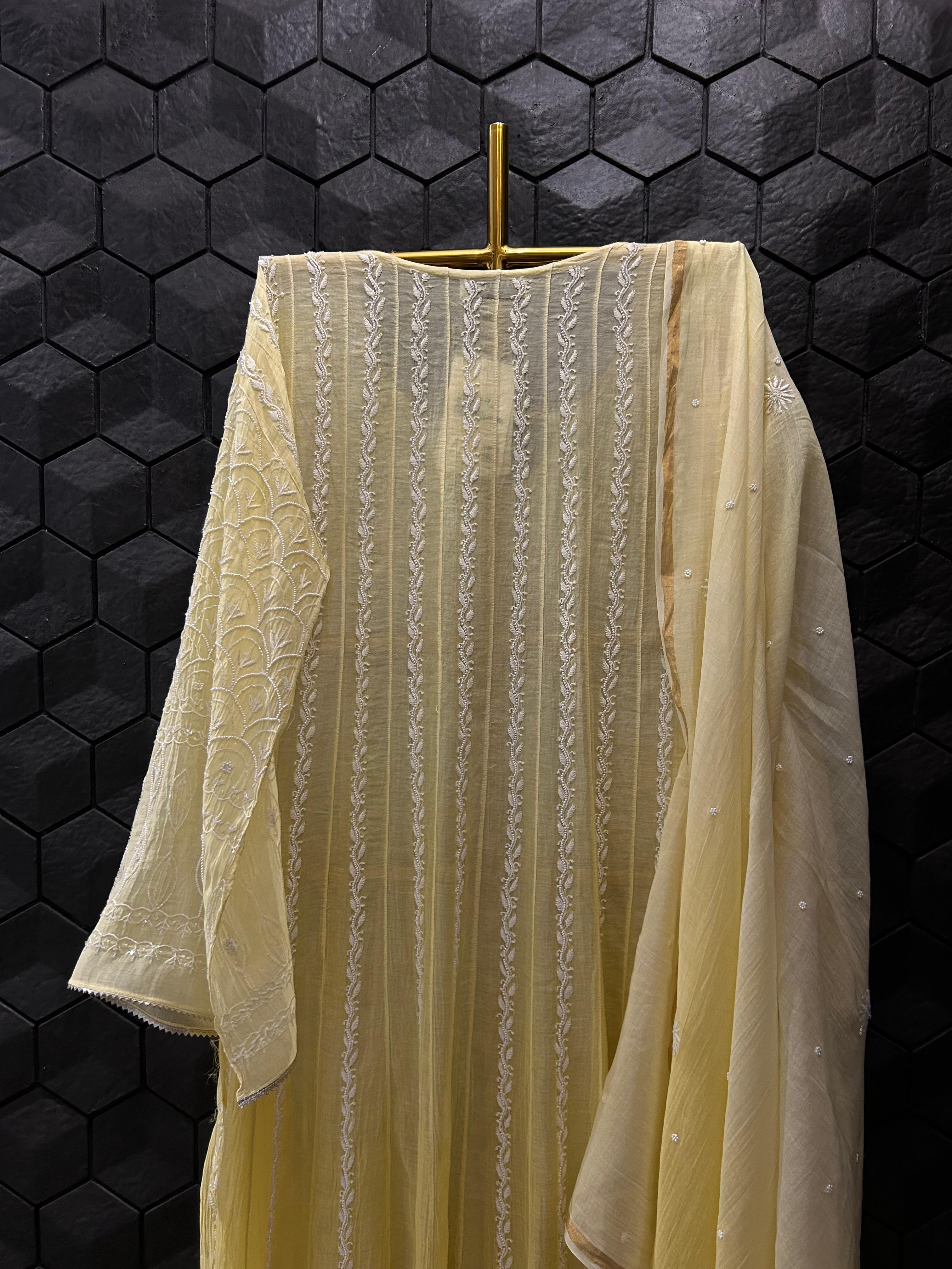 Yellow Mul Chanderi Chikankari anarkali set