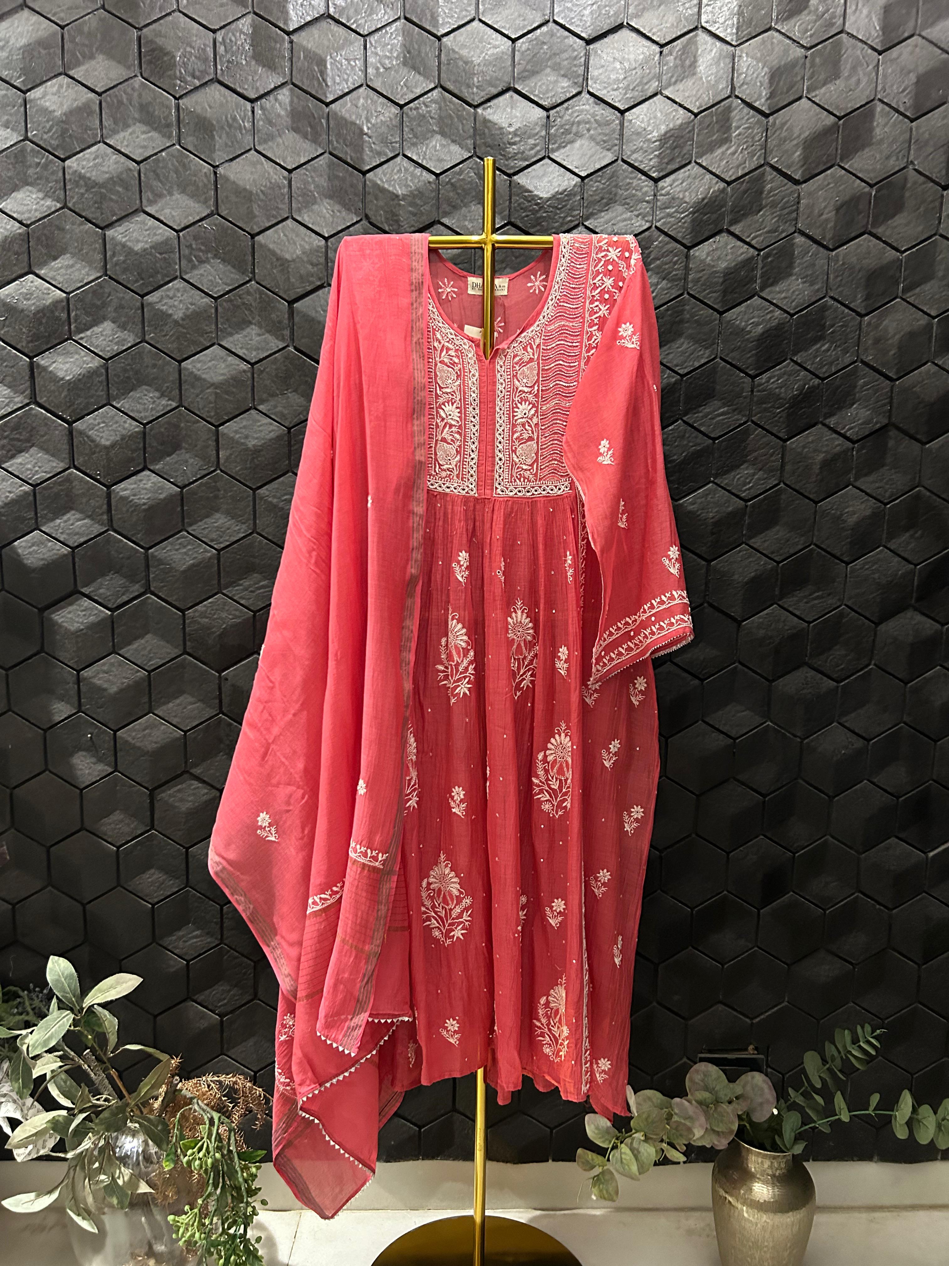 Fuschia mul chanderi chikankari kurta set