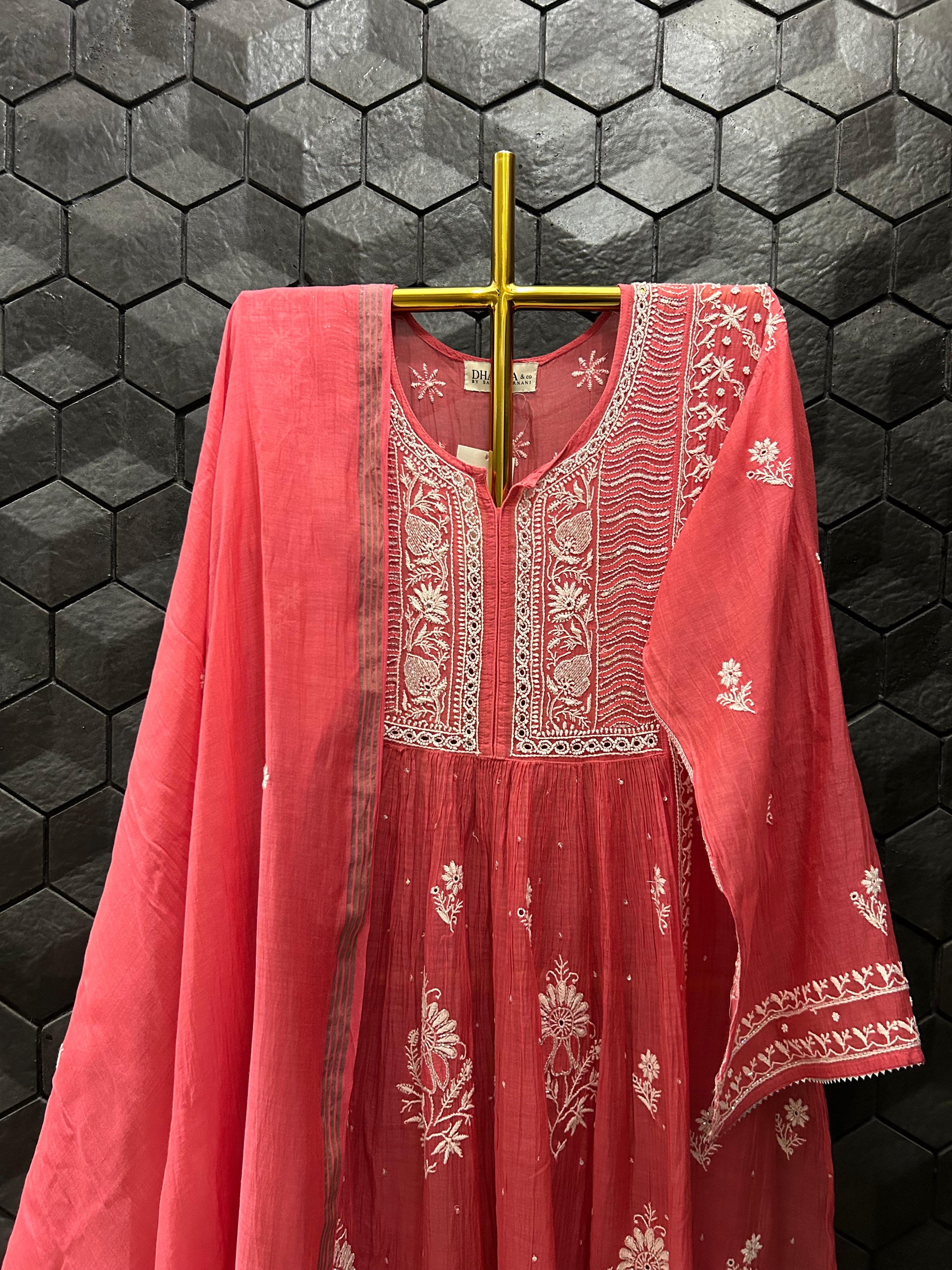 Fuschia mul chanderi chikankari kurta set