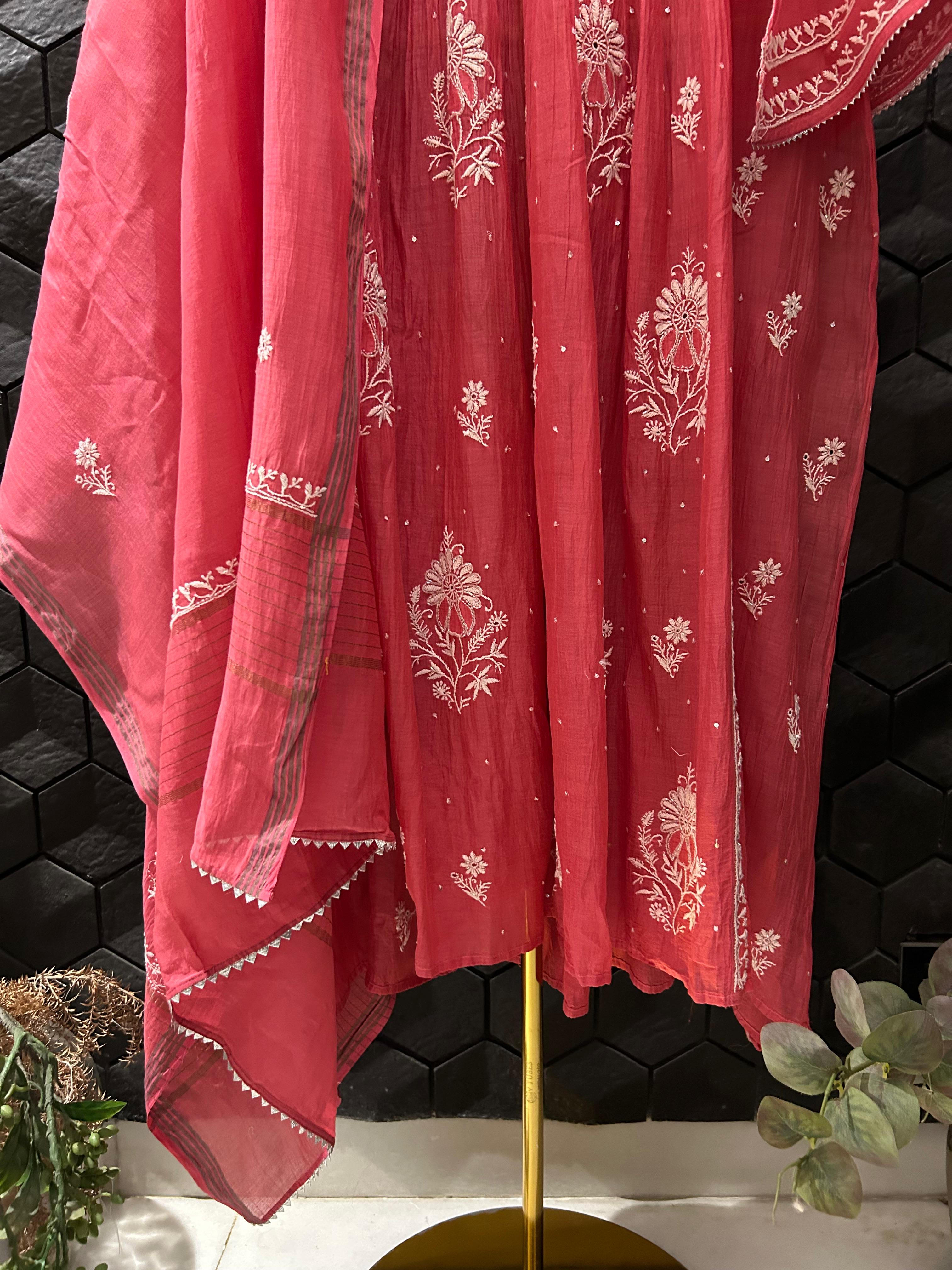 Fuschia mul chanderi chikankari kurta set