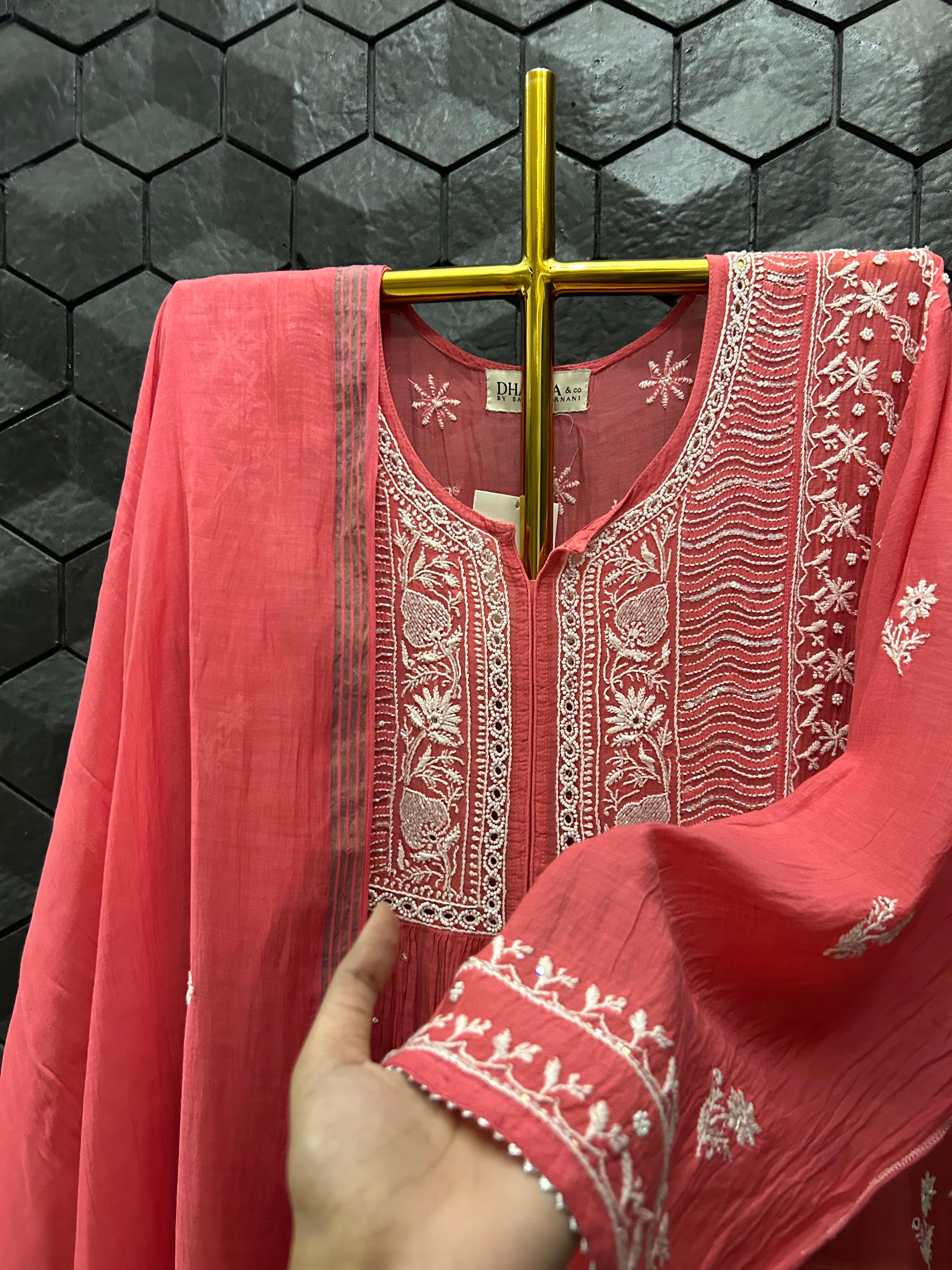 Fuschia mul chanderi chikankari kurta set