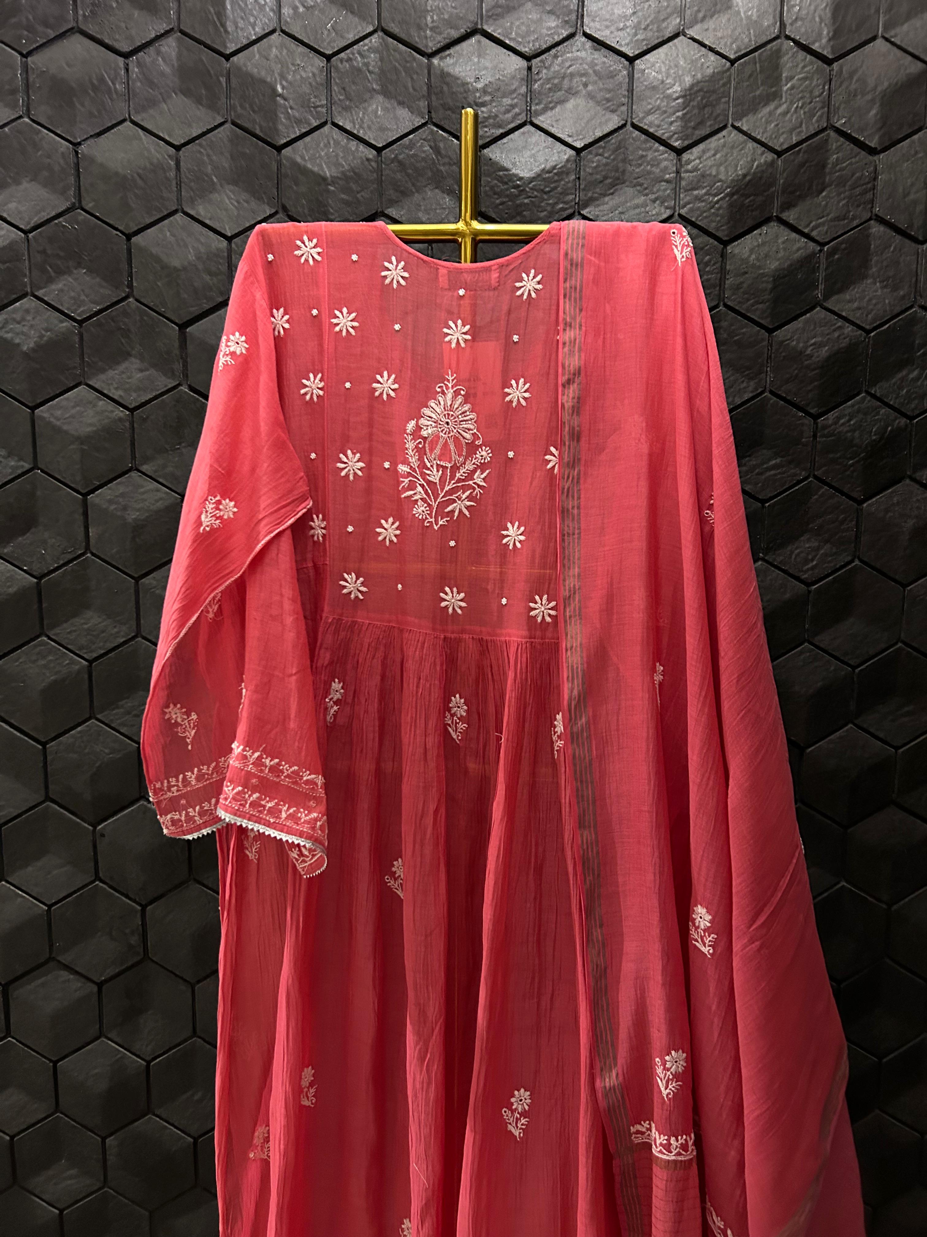 Fuschia mul chanderi chikankari kurta set