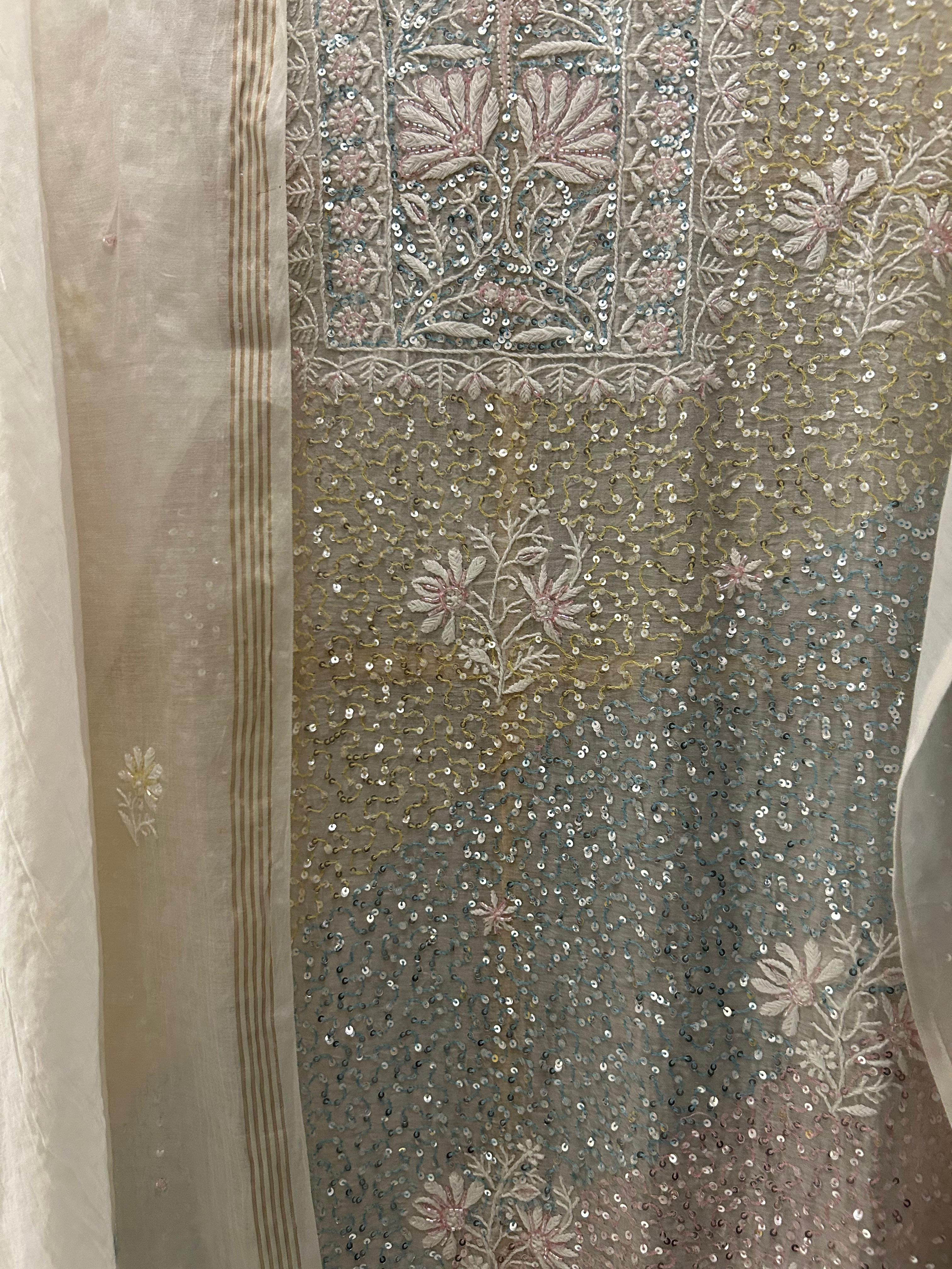 White mul chanderi chikankari kurta set