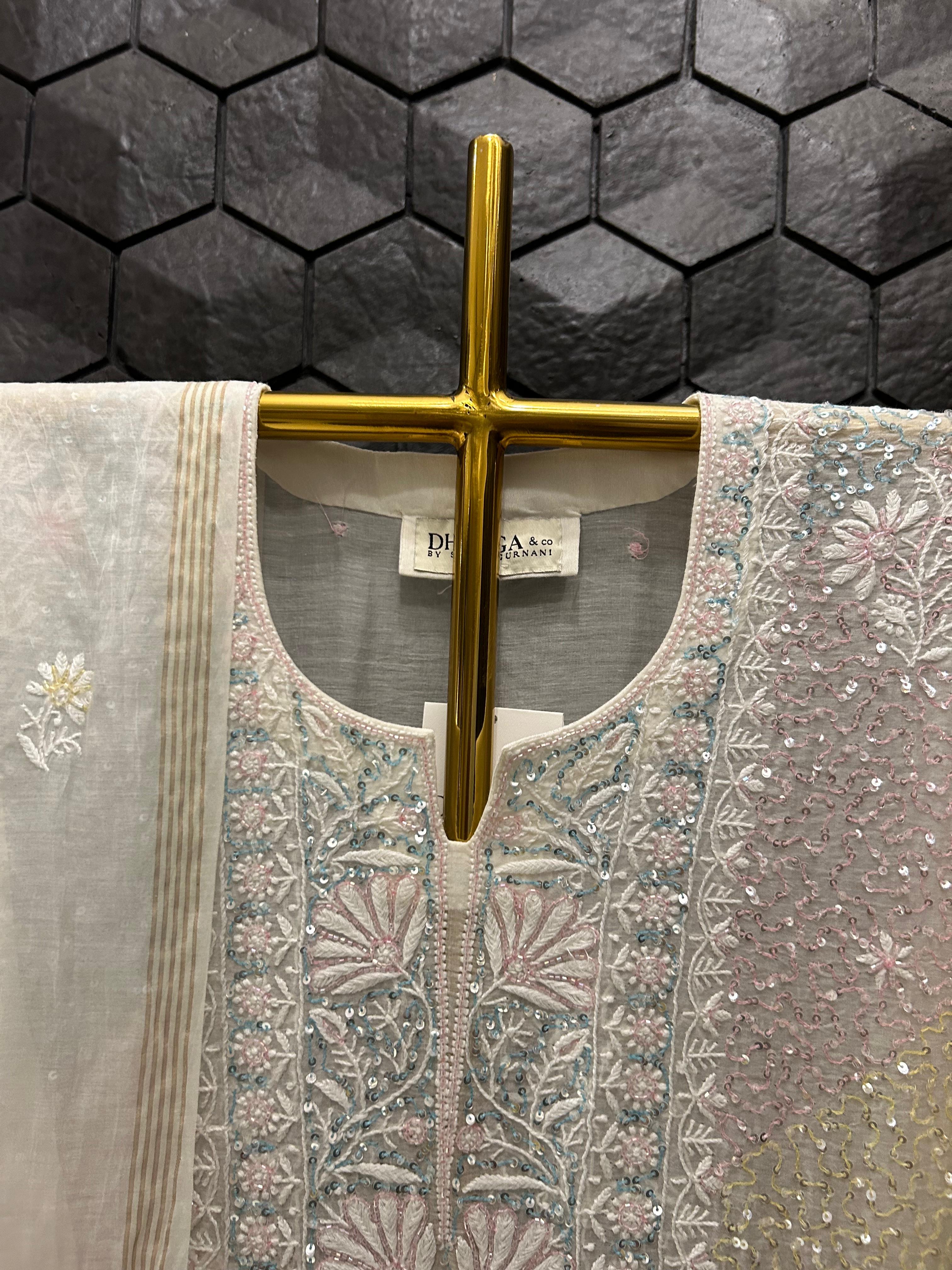 White mul chanderi chikankari kurta set