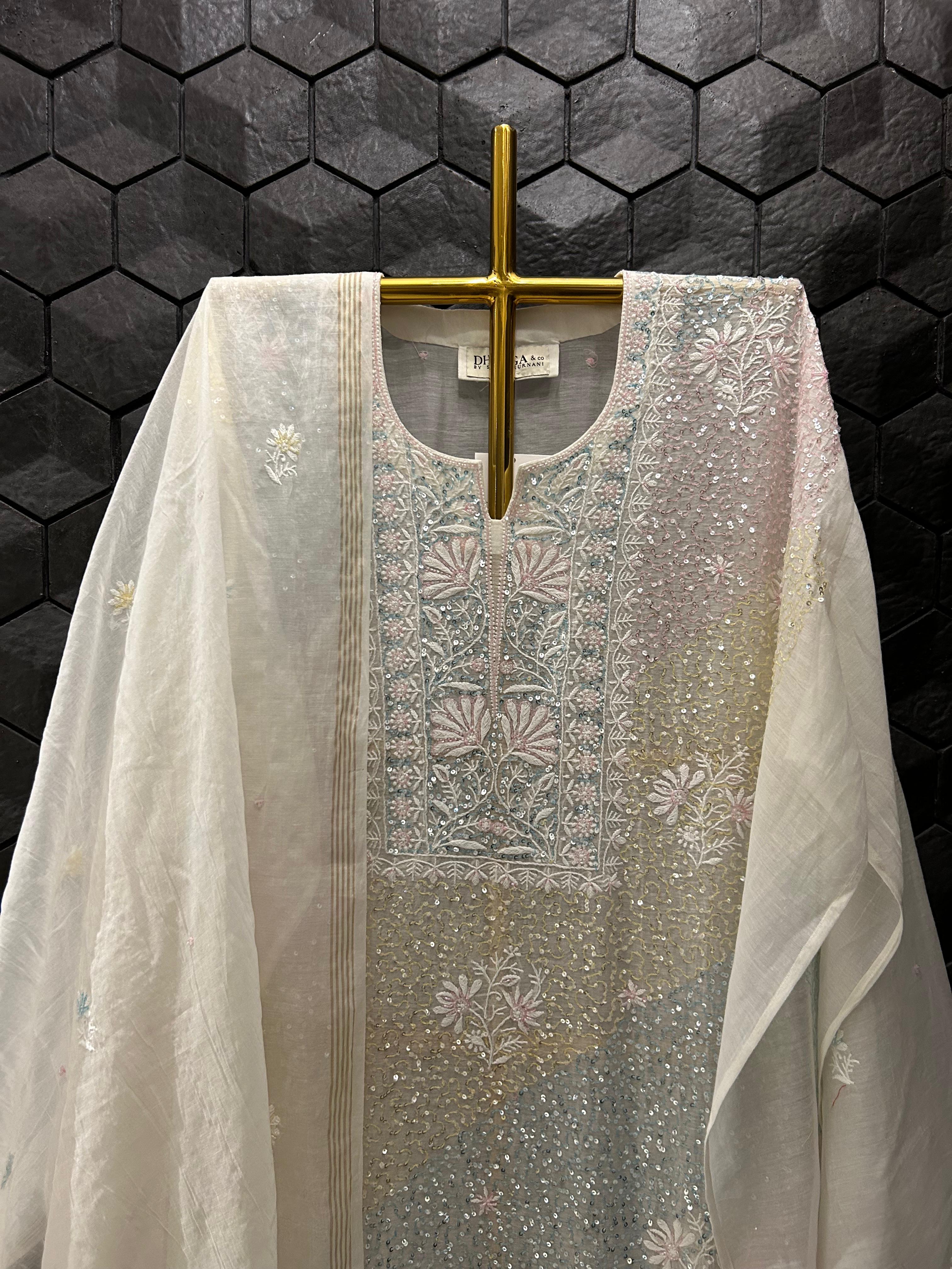 White mul chanderi chikankari kurta set