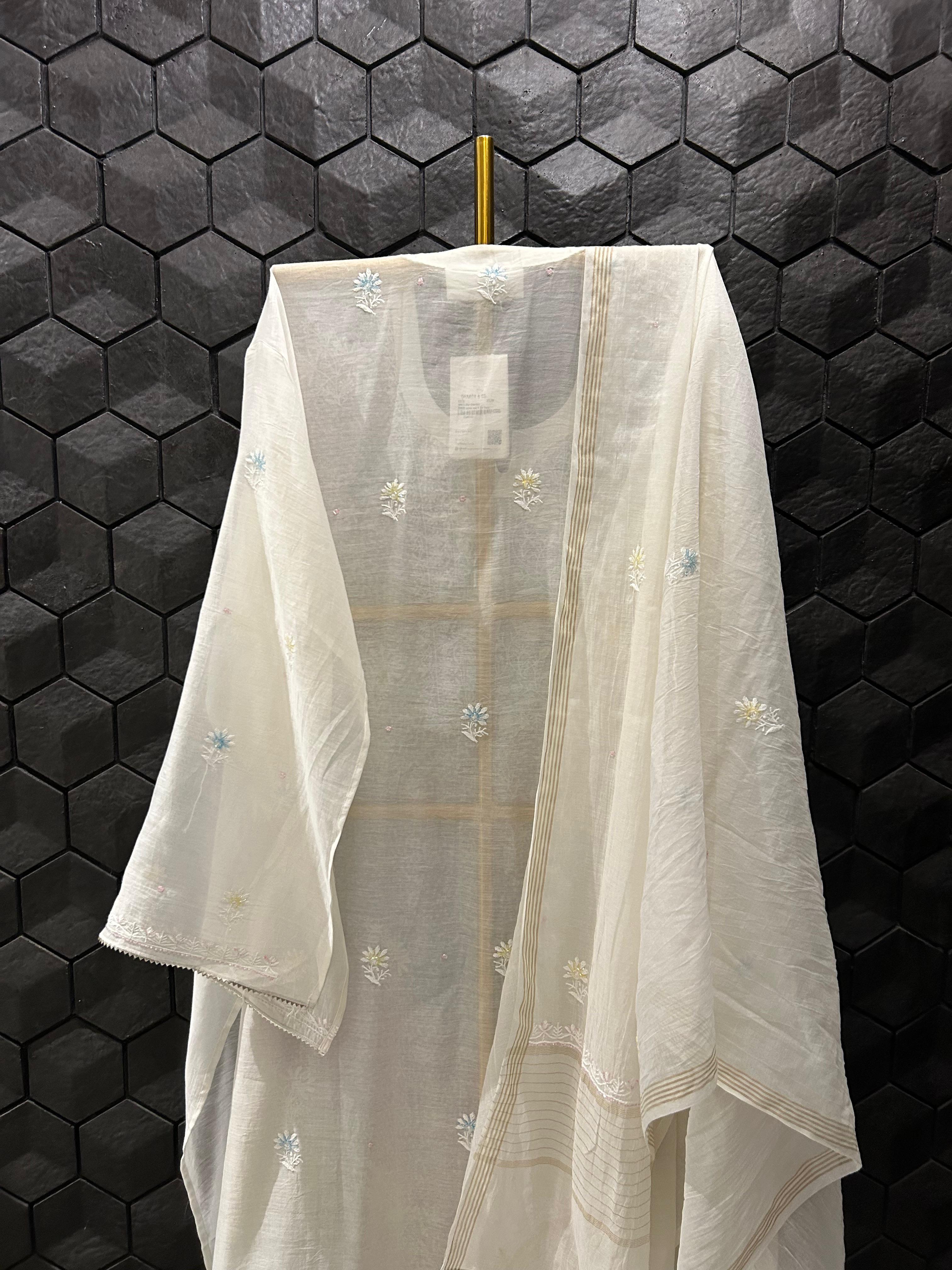 White mul chanderi chikankari kurta set