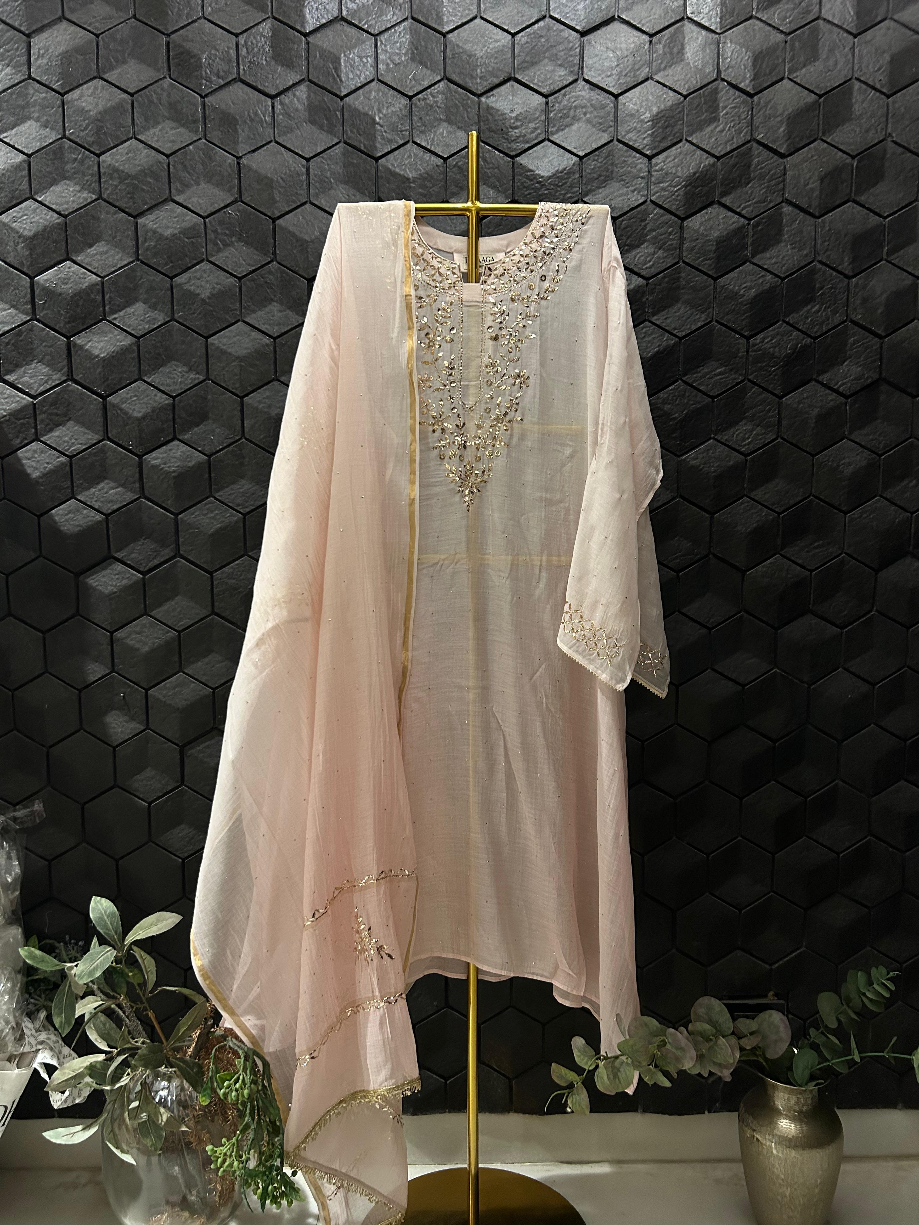 Pink Mul Chanderi Mukaish Kurta Set