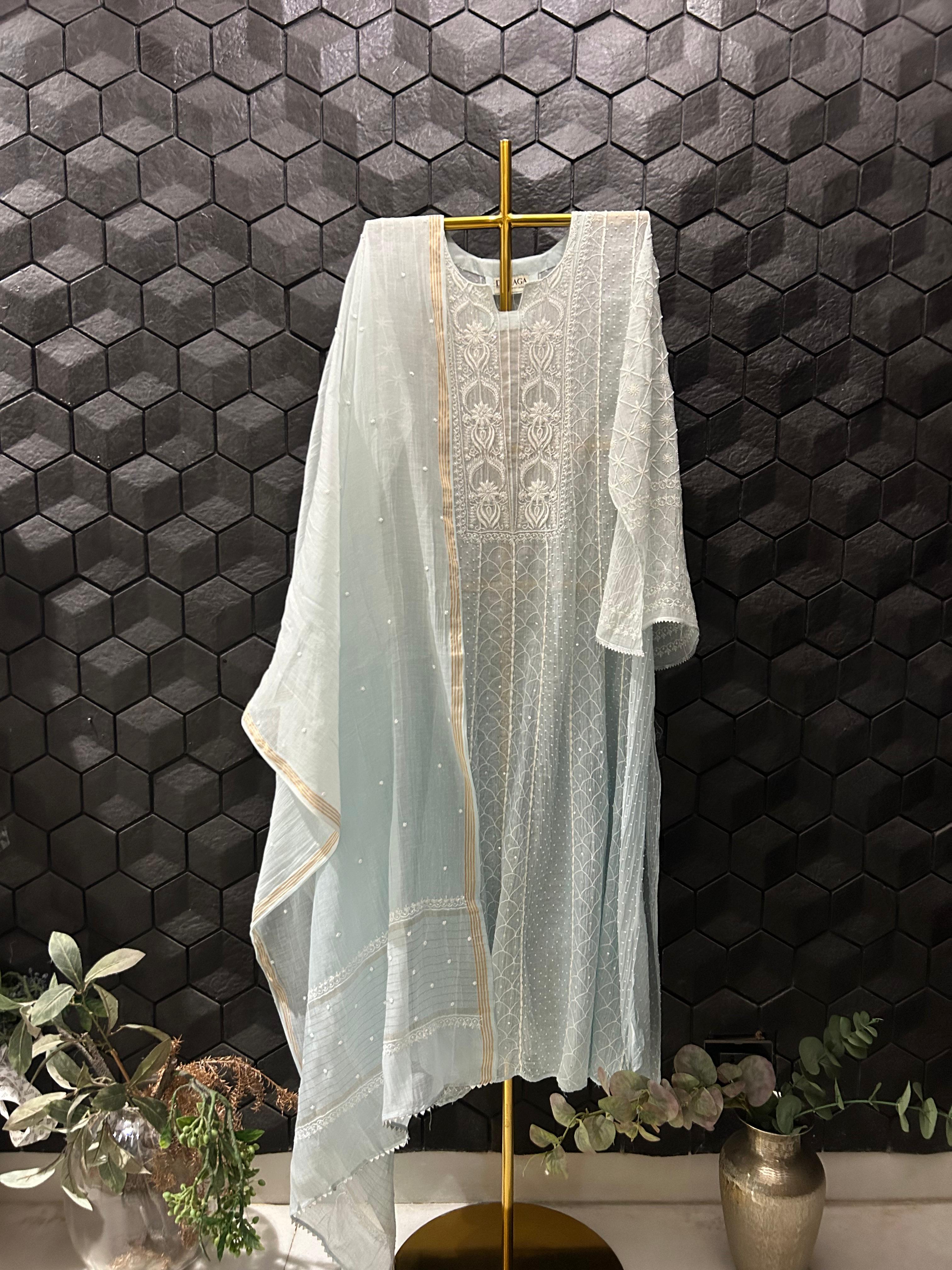 Blue Mul Chanderi Chikankari Anarkali Set