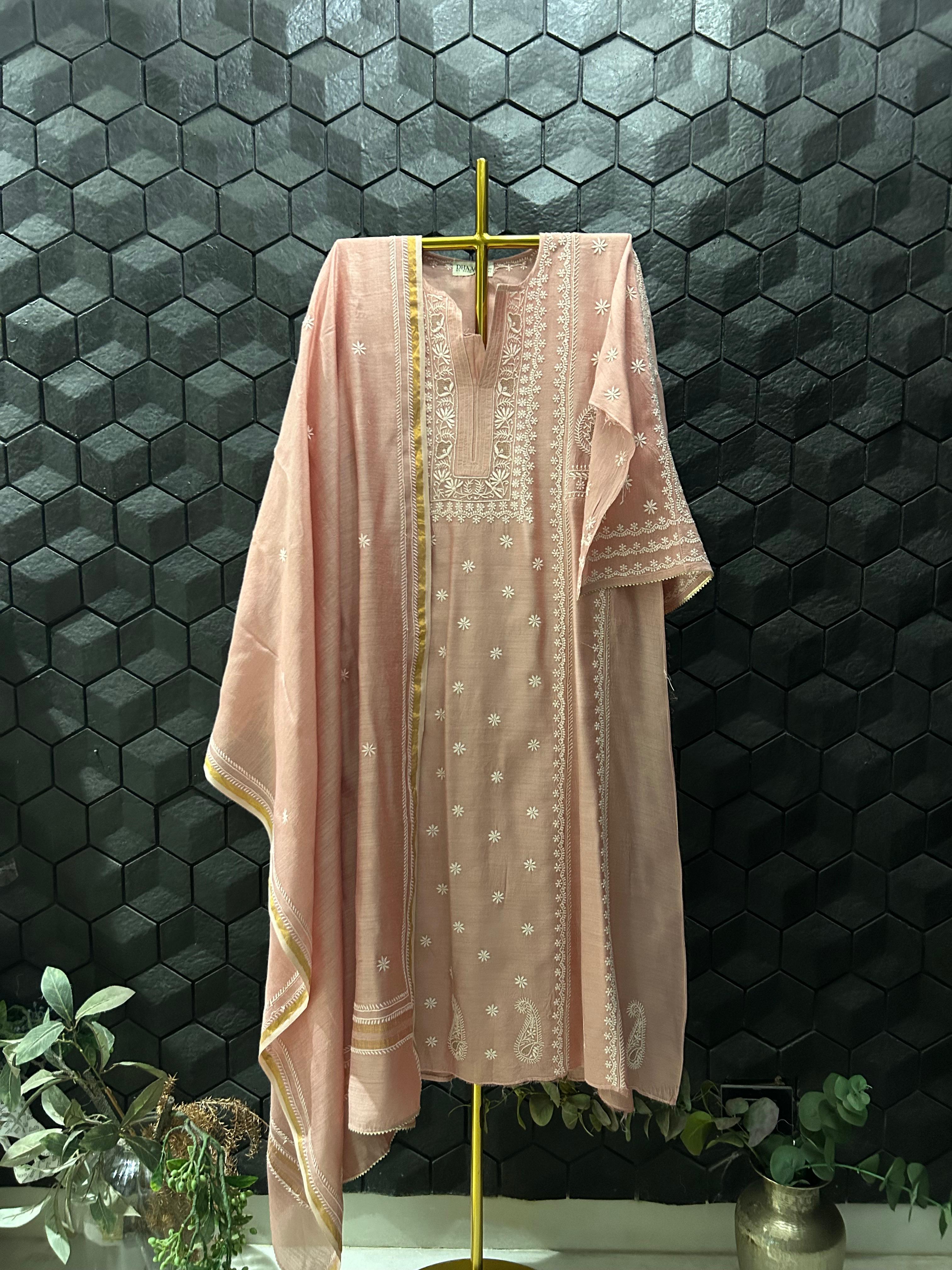 Pink Munga Silk Chikankari Kurta Set