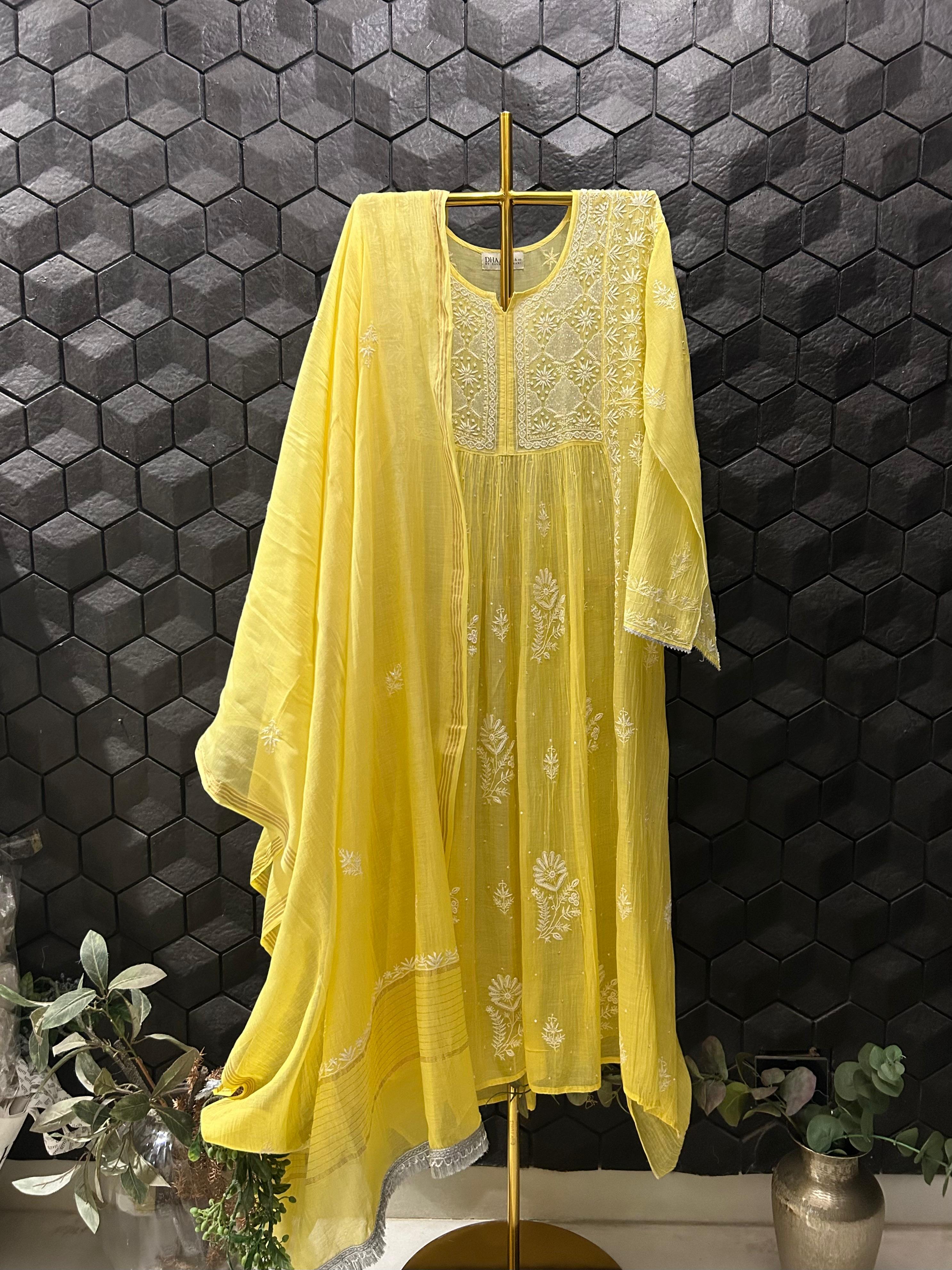 Yellow Mul Chanderi Chikankari Kurta Set