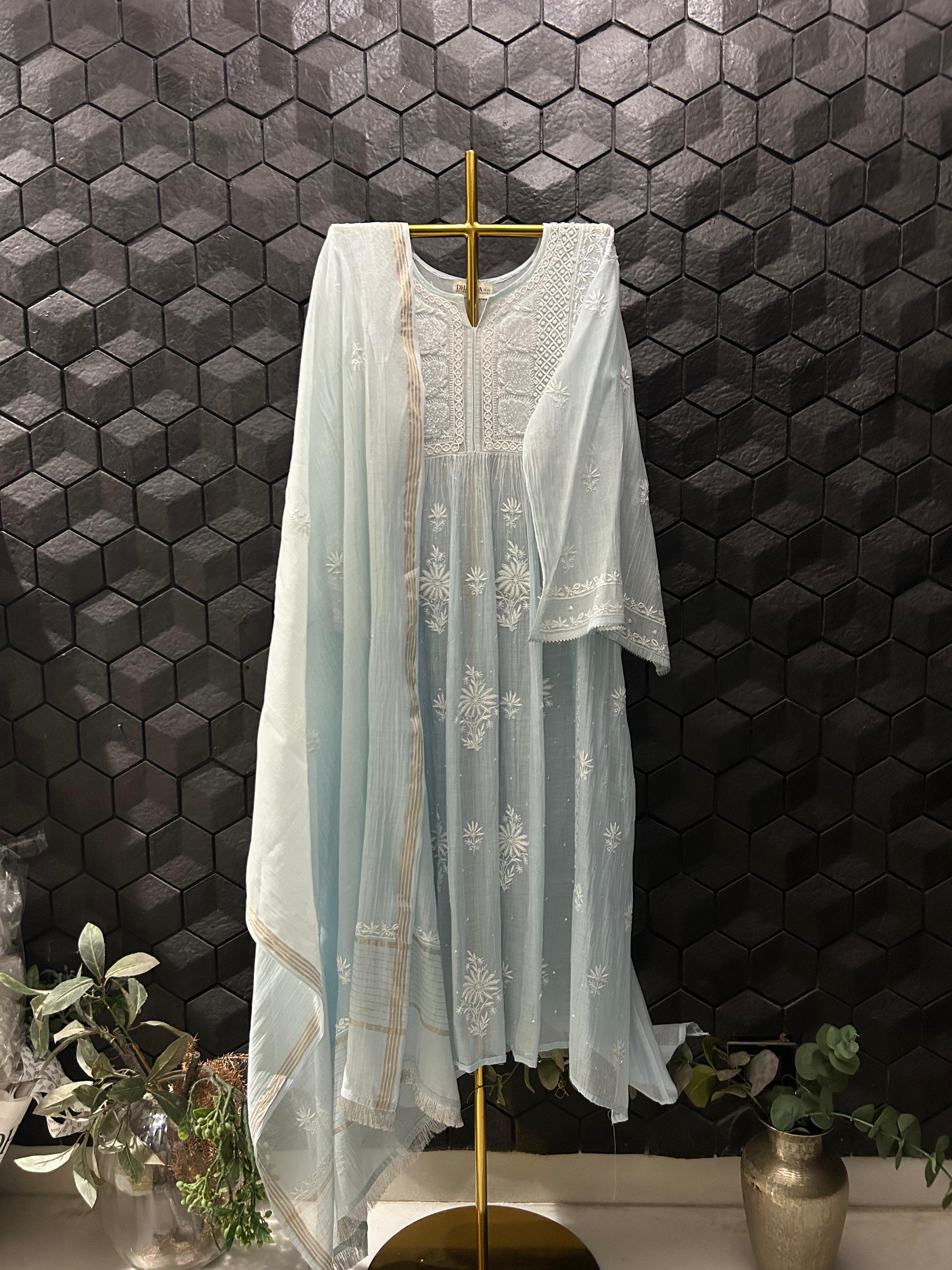 Blue Mul Chanderi Chikankari Kurta Set
