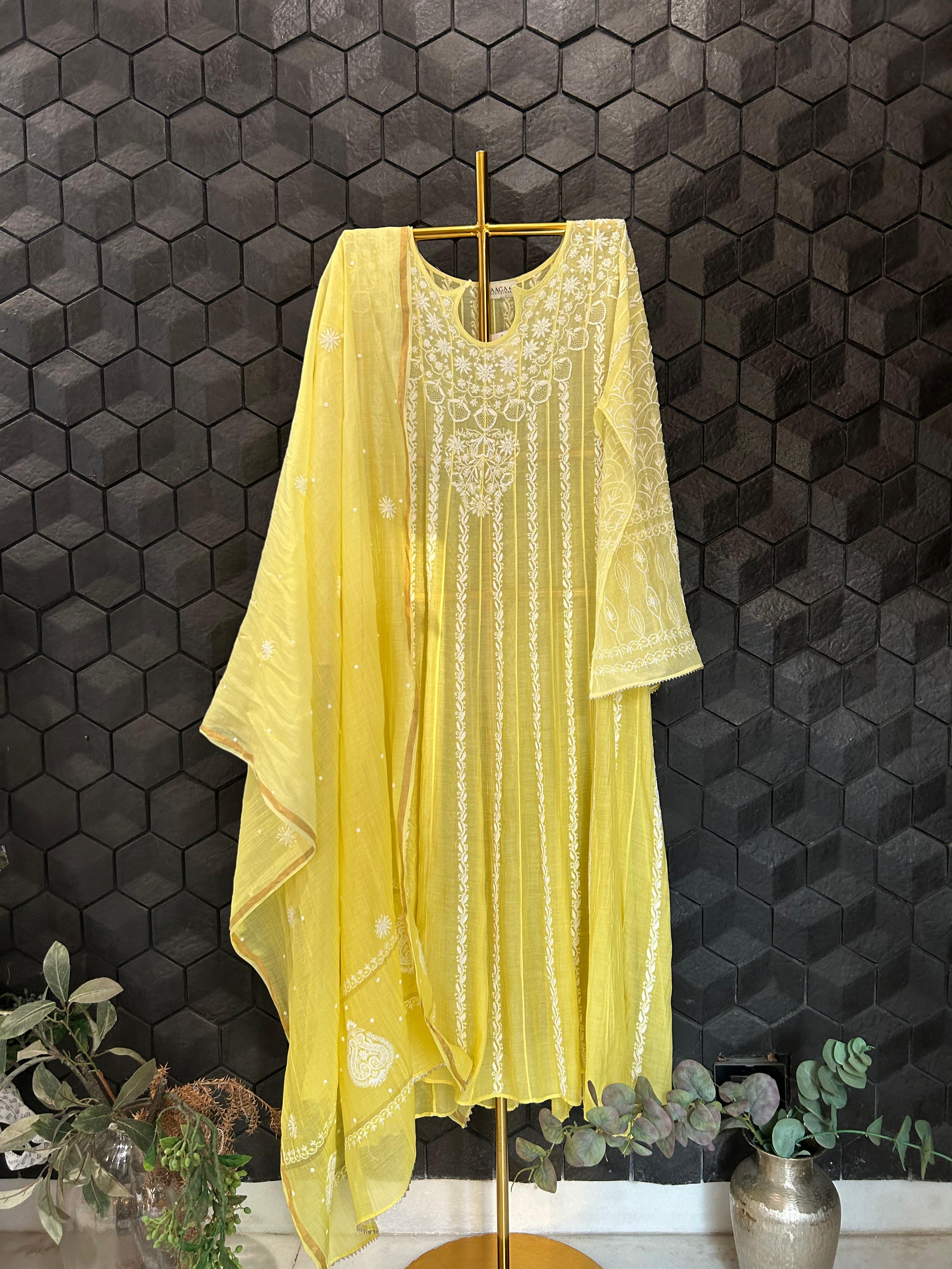 Yellow Mul Chanderi Chikankari Anarkali Set