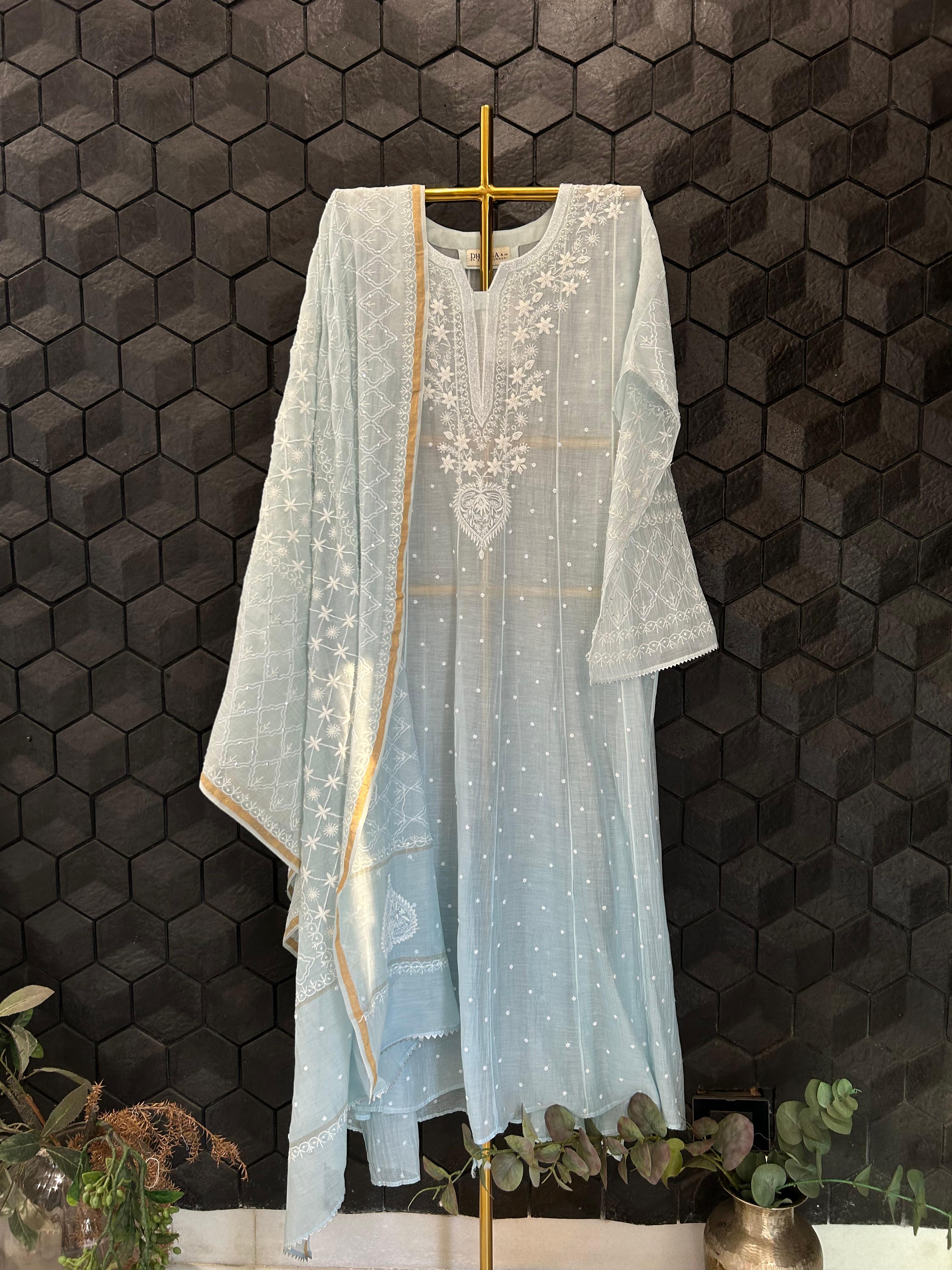Blue  Ombre Mul Chanderi Chikankari Anarkali Set