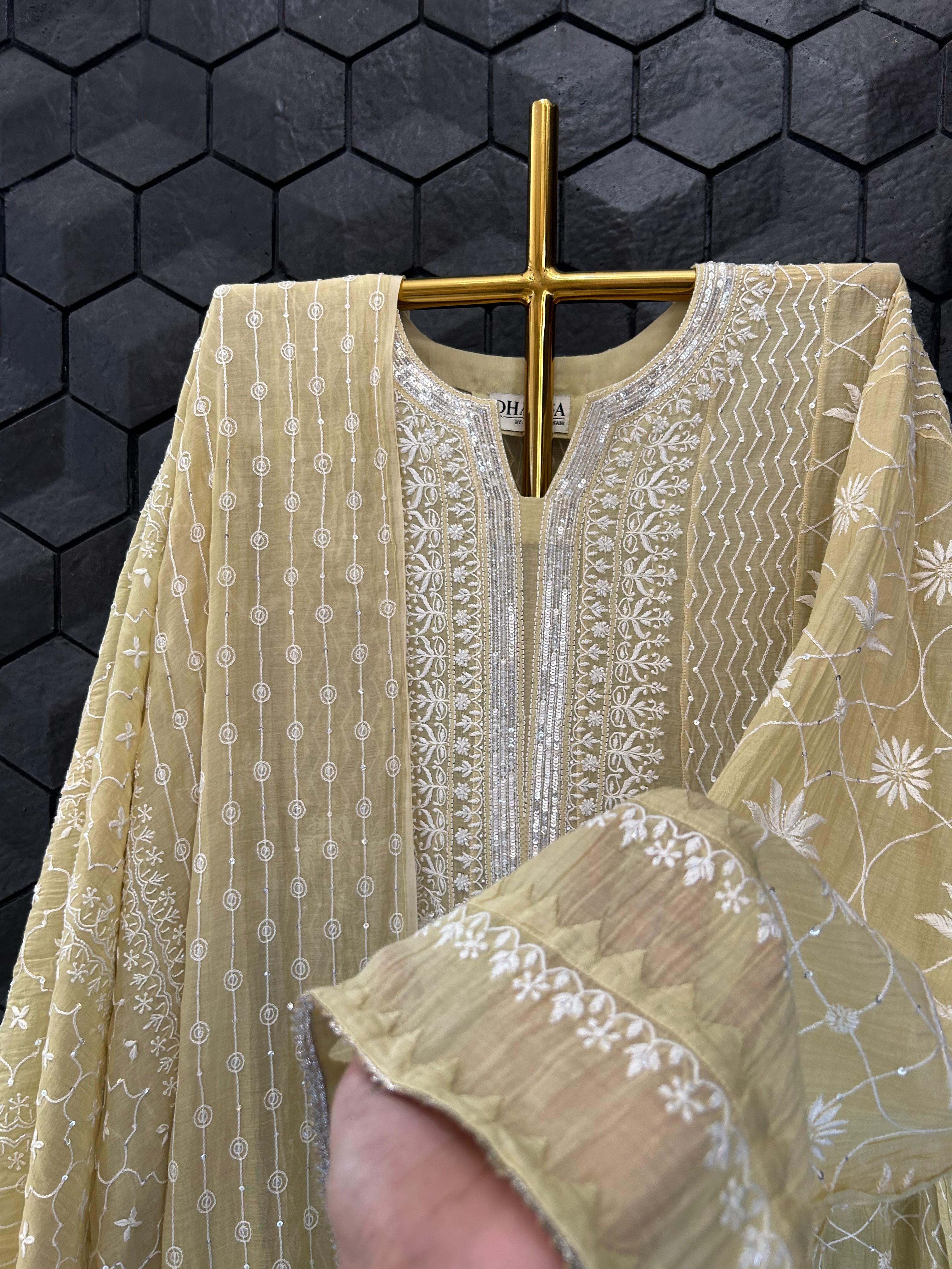 Green Mul Chanderi  Chikankari Anarkali Set