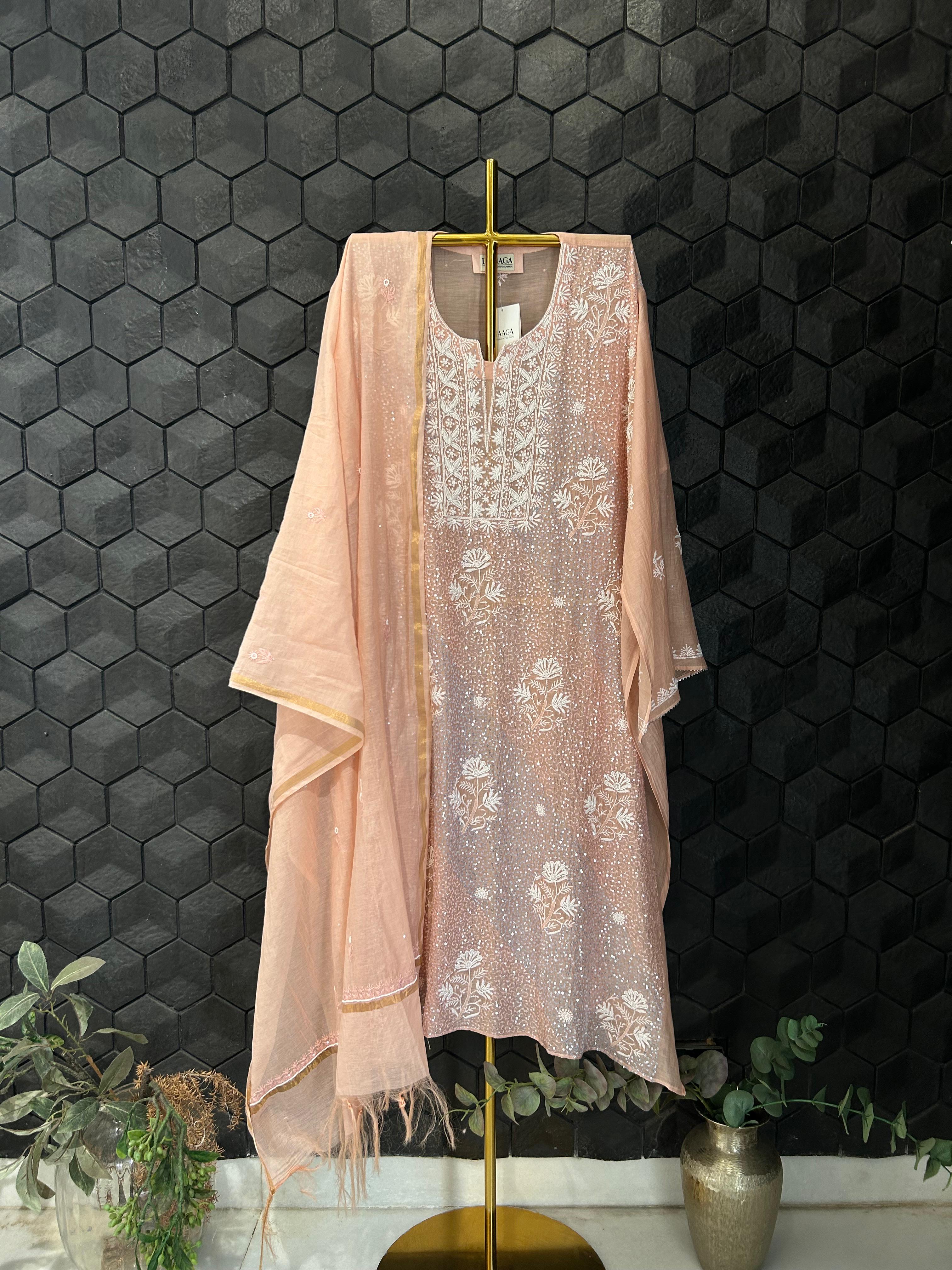 Peach mul chanderi chikankari kurta set