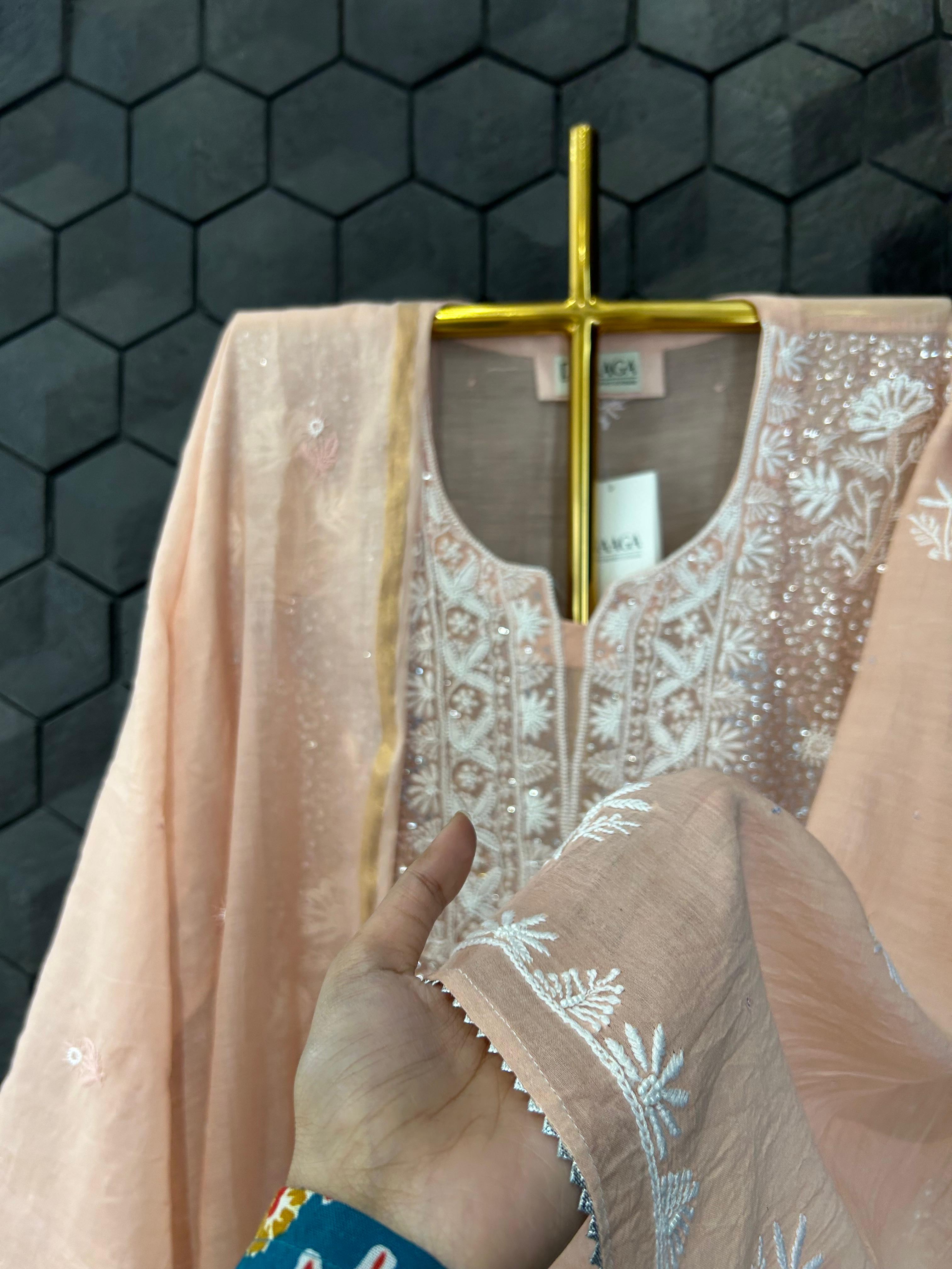 Peach mul chanderi chikankari kurta set