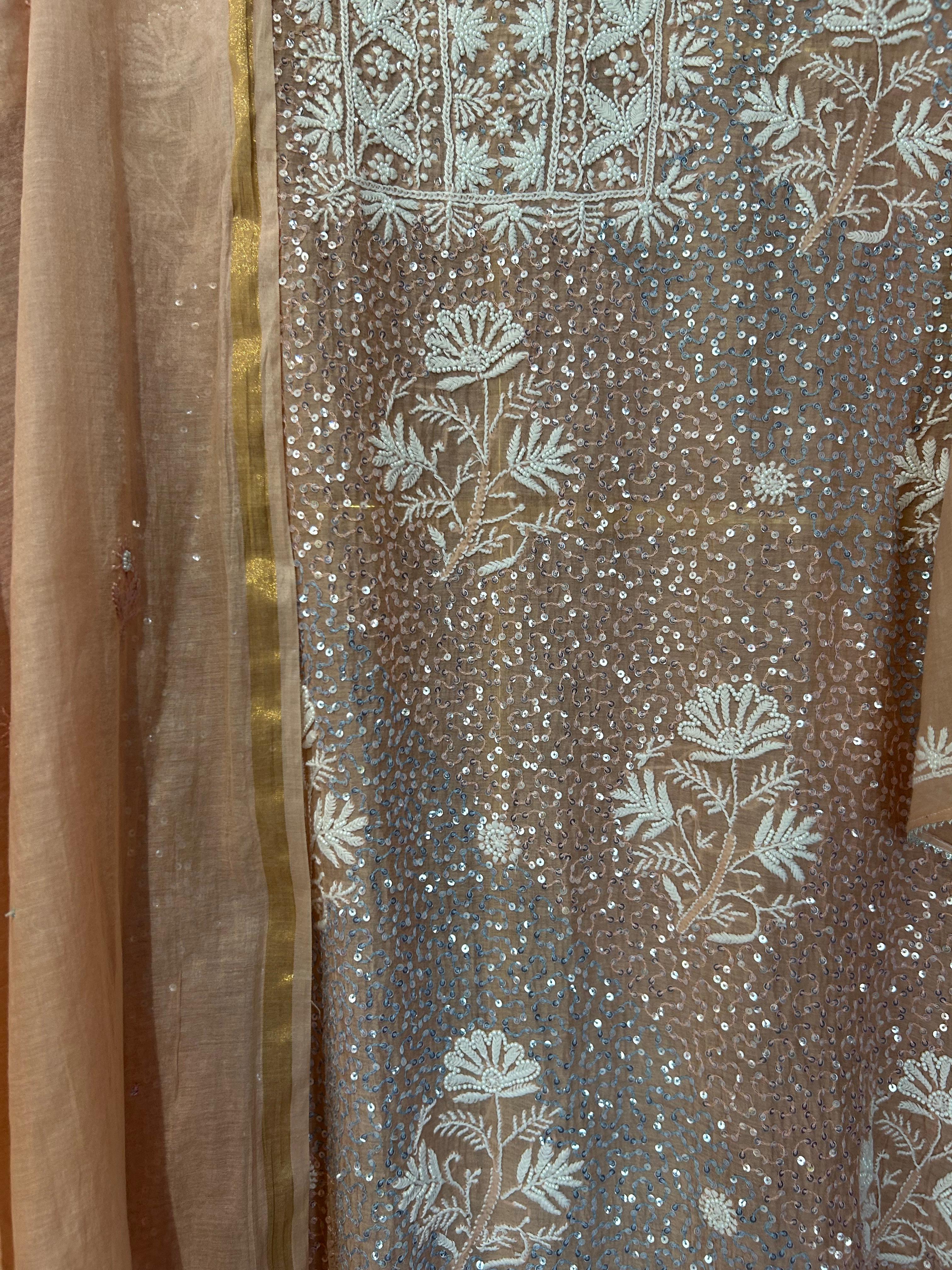Peach mul chanderi chikankari kurta set