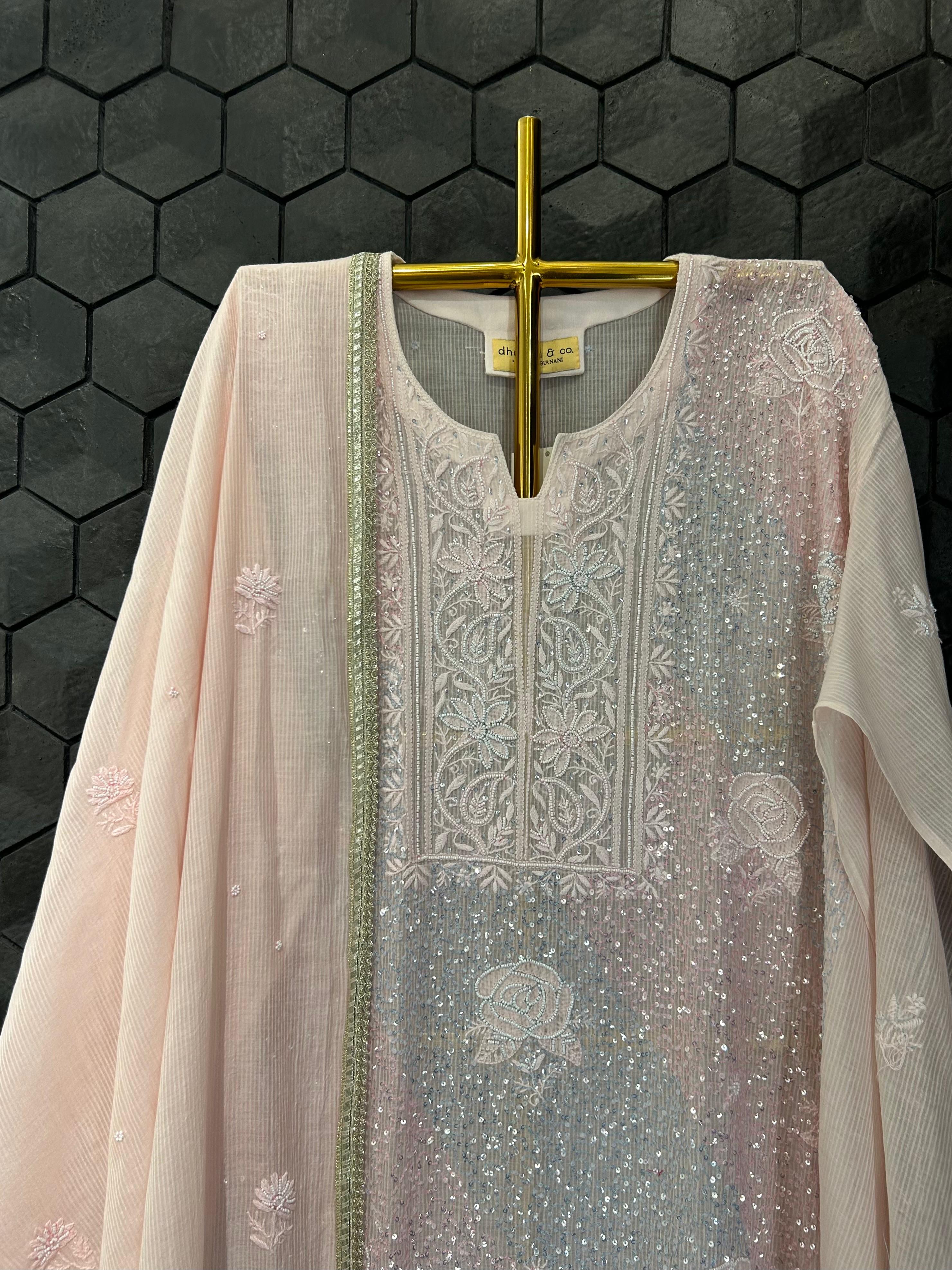 Pink chanderi chikankari kurta set