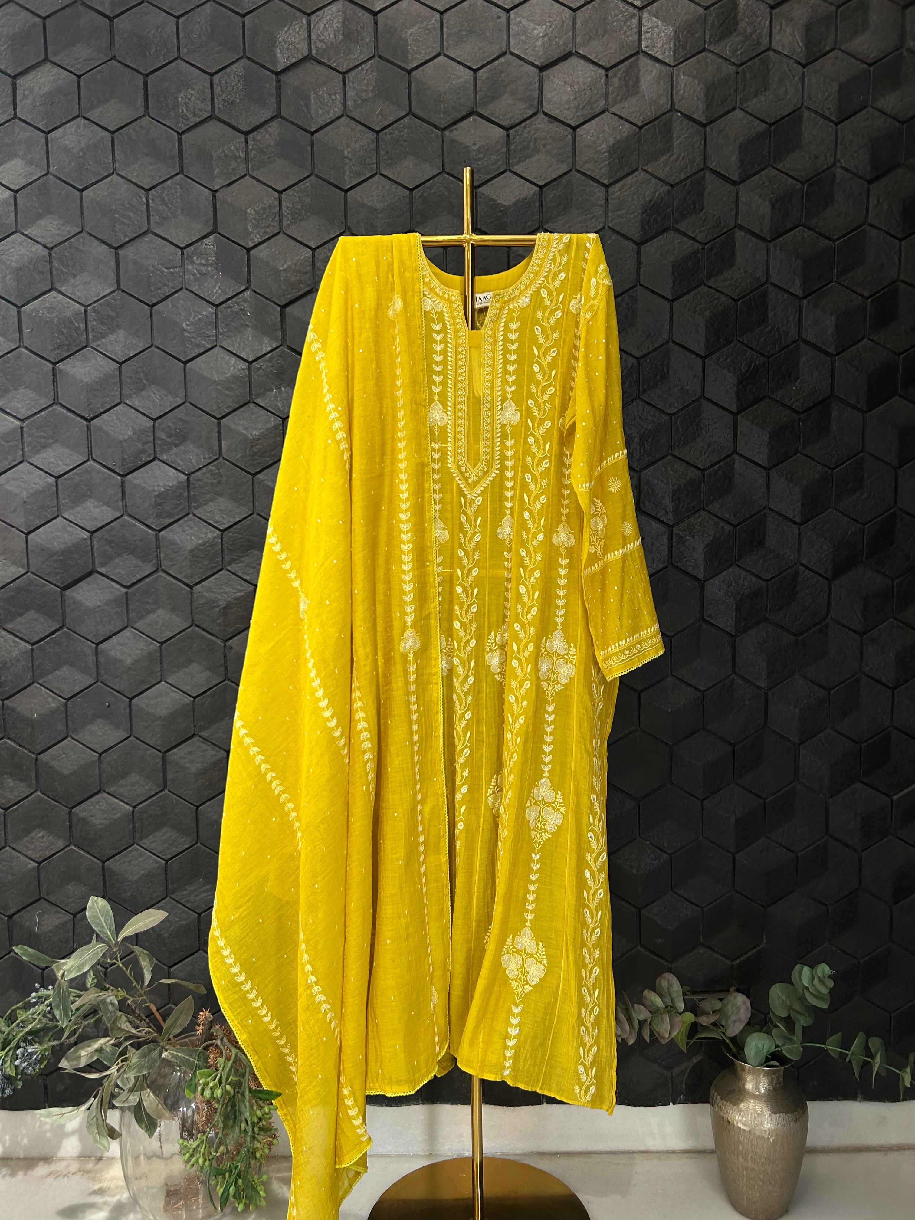 Lime green tissue chikankari anarkali set