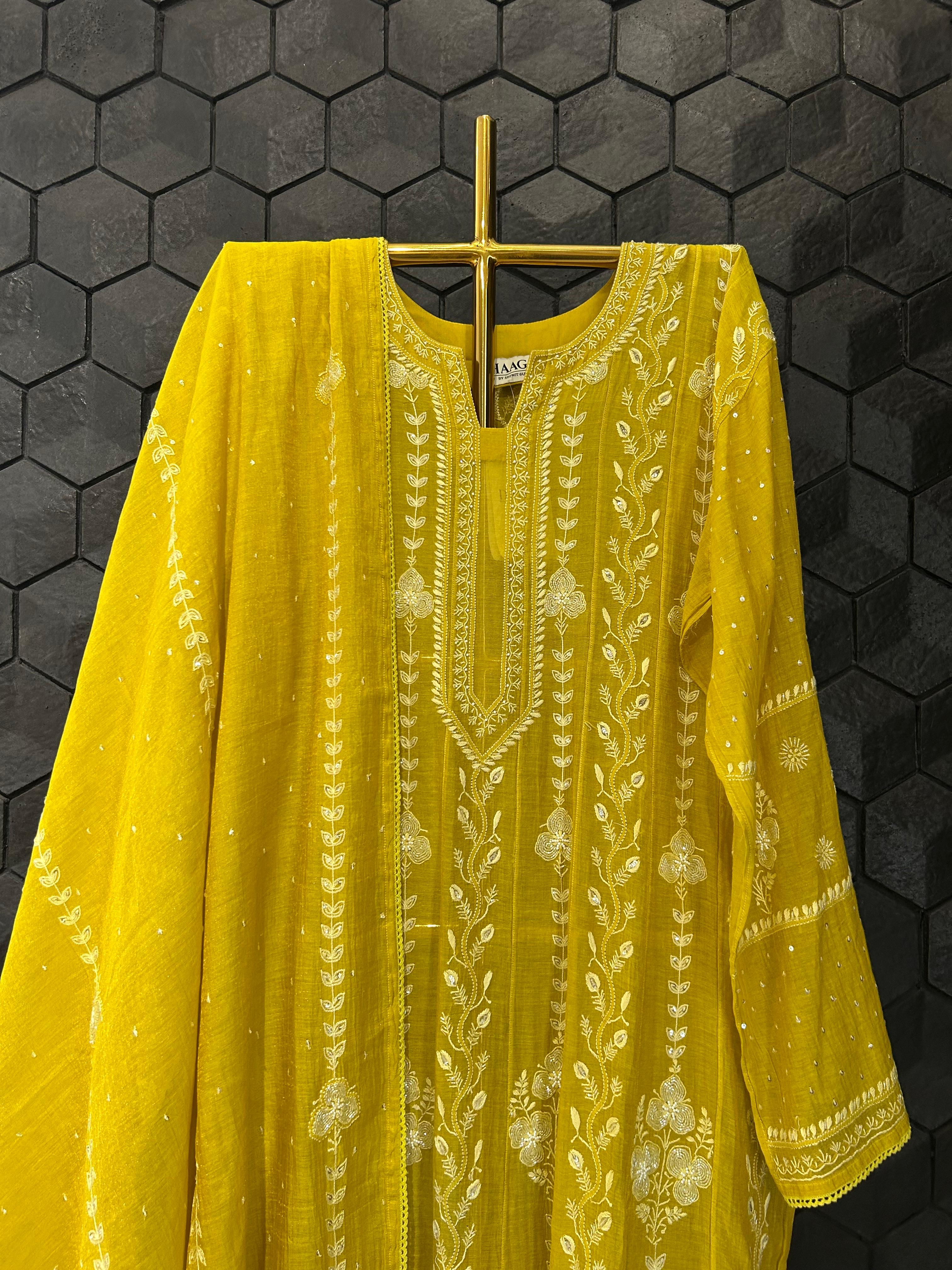 Lime green tissue chikankari anarkali set