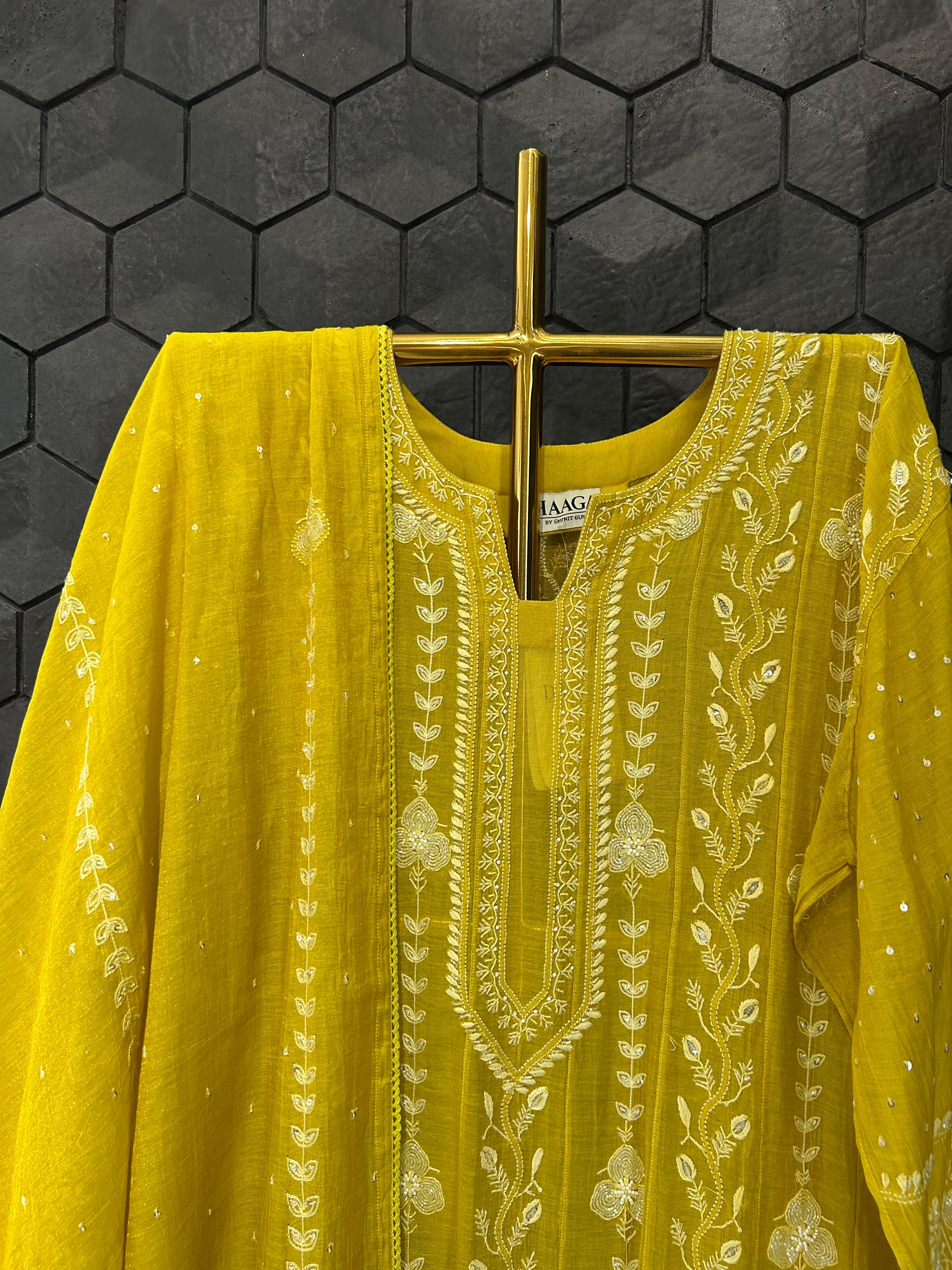 Lime green tissue chikankari anarkali set