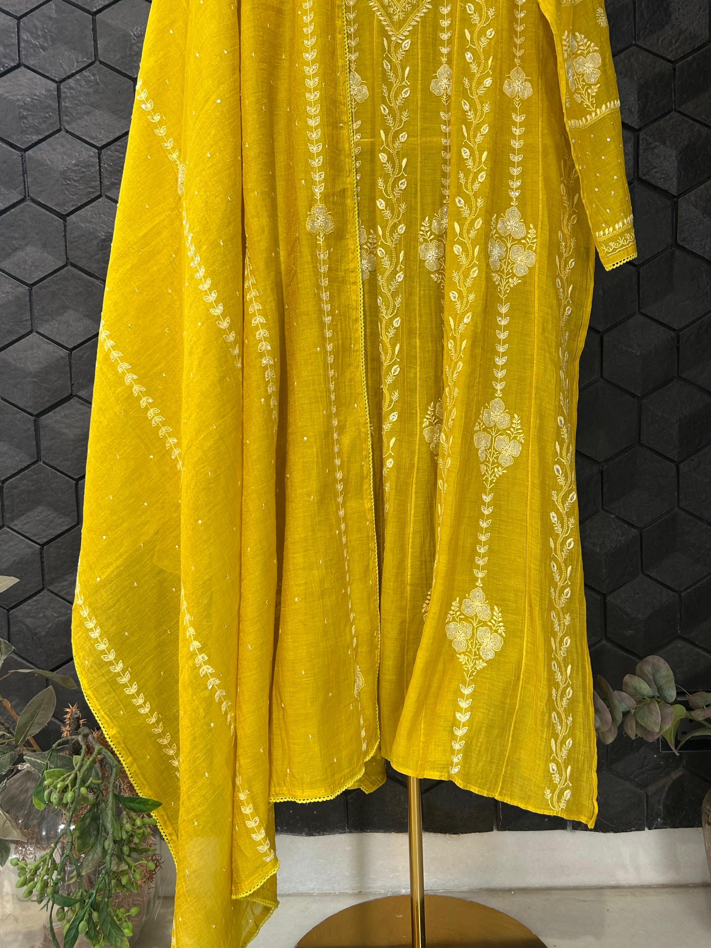 Lime green tissue chikankari anarkali set