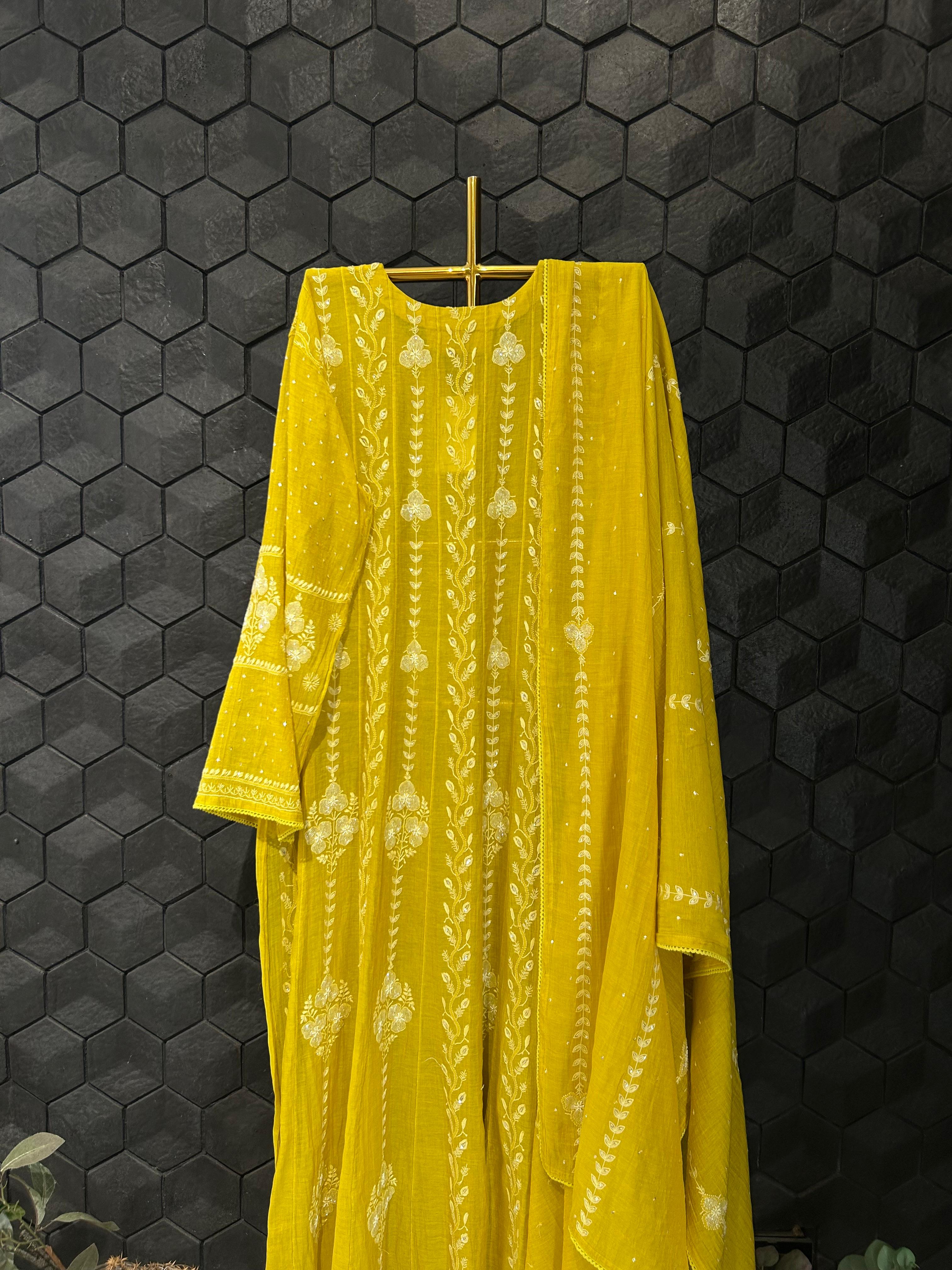 Lime green tissue chikankari anarkali set