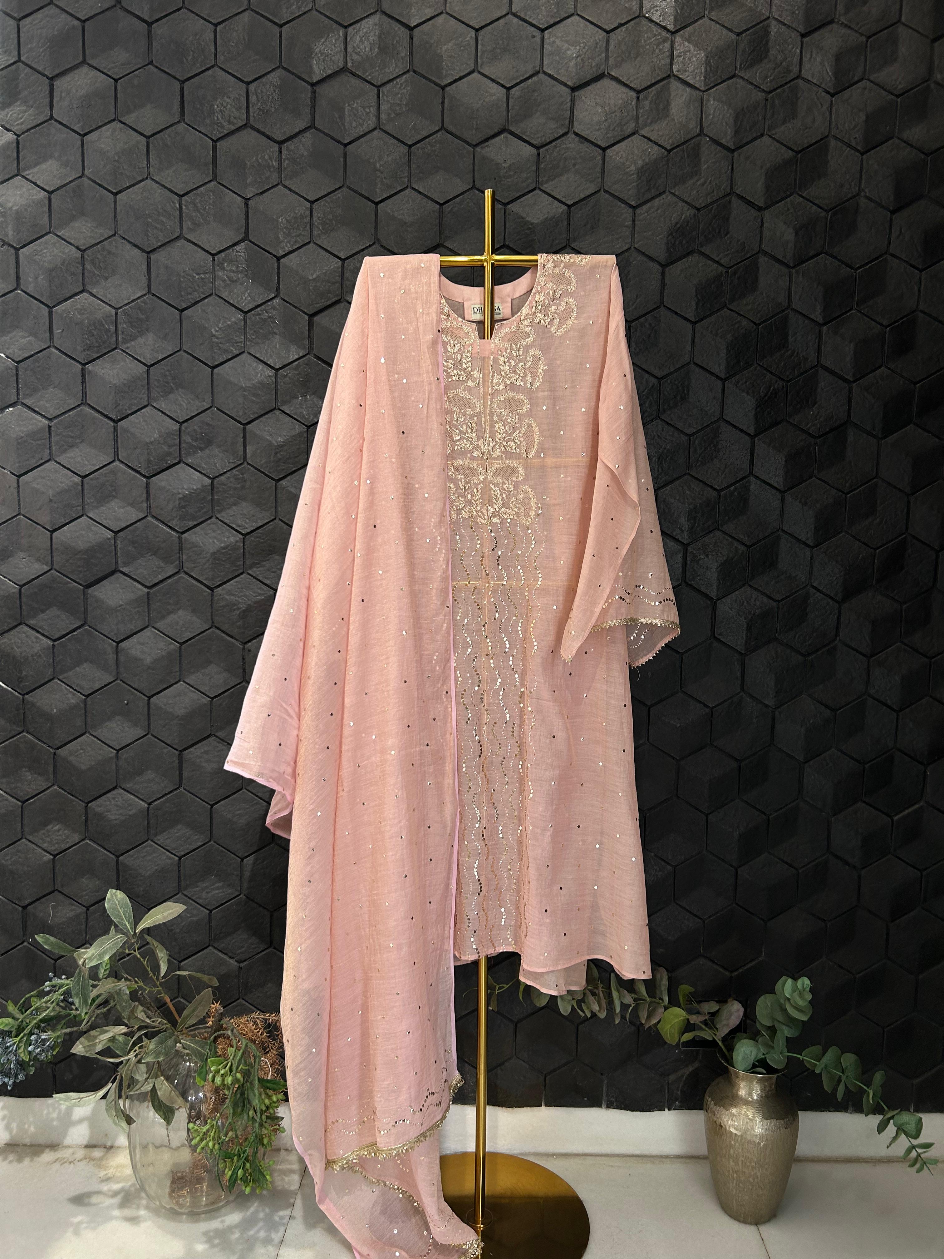 Pink golden tissue chikankari kurta set