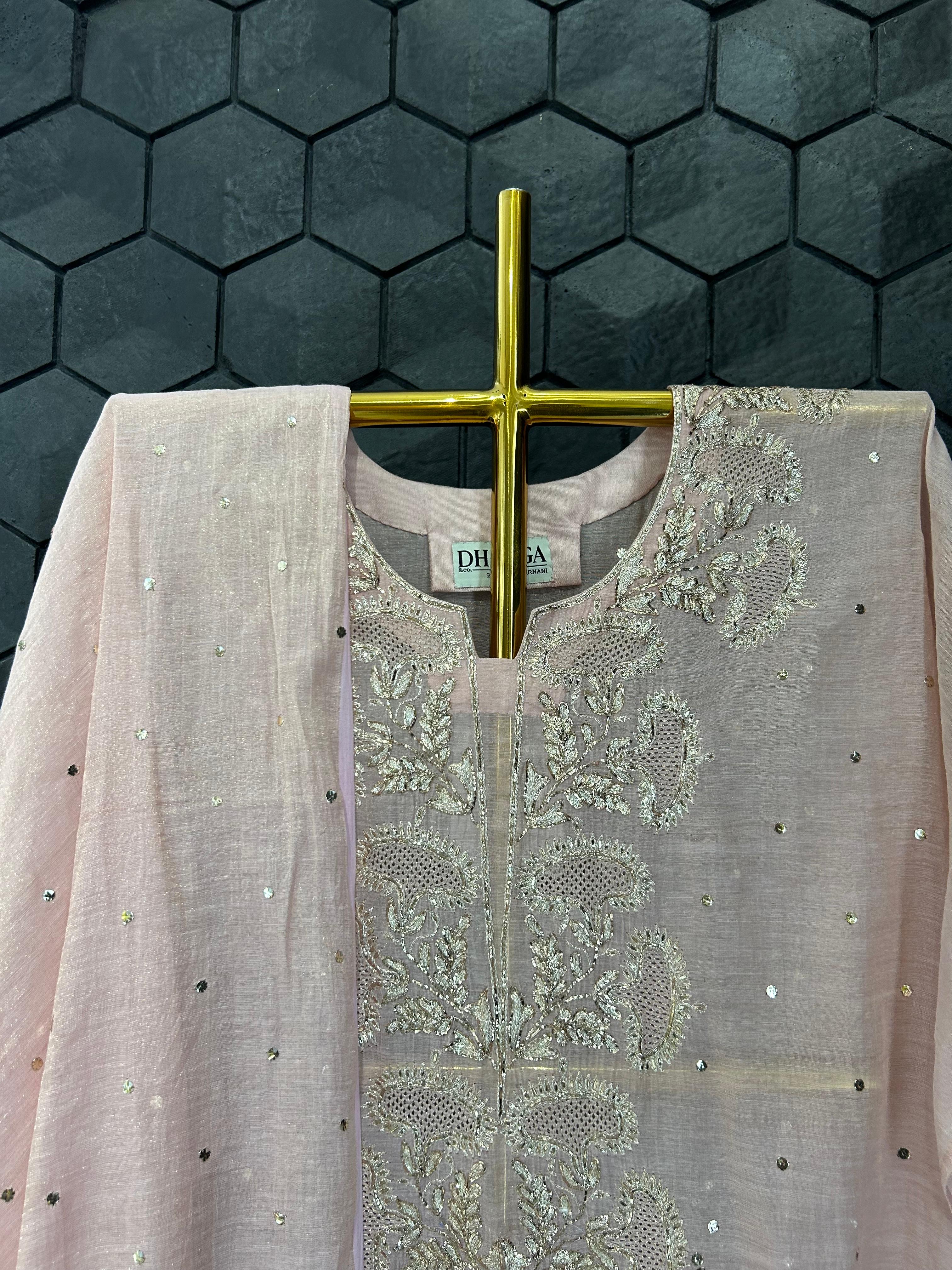 Pink golden tissue chikankari kurta set