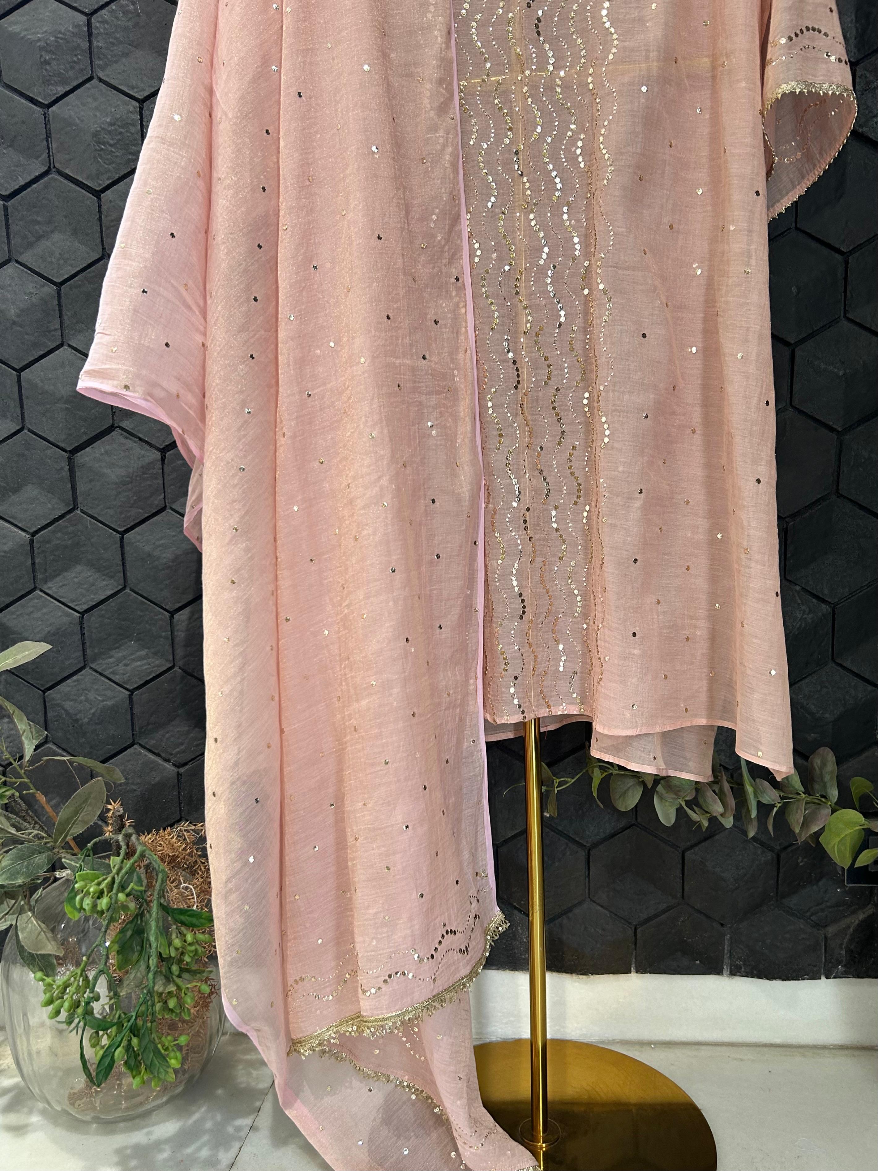 Pink golden tissue chikankari kurta set