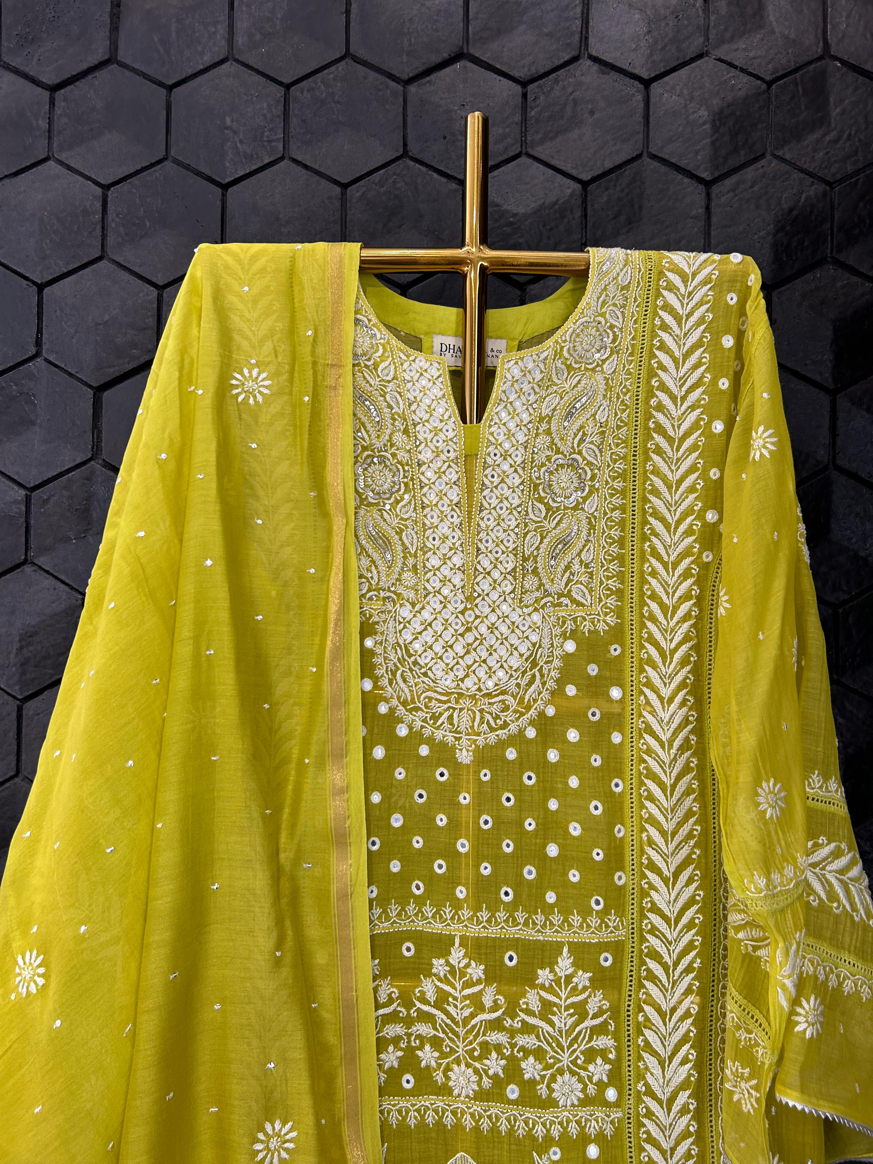 Green mul chanderi chikankari kurta set