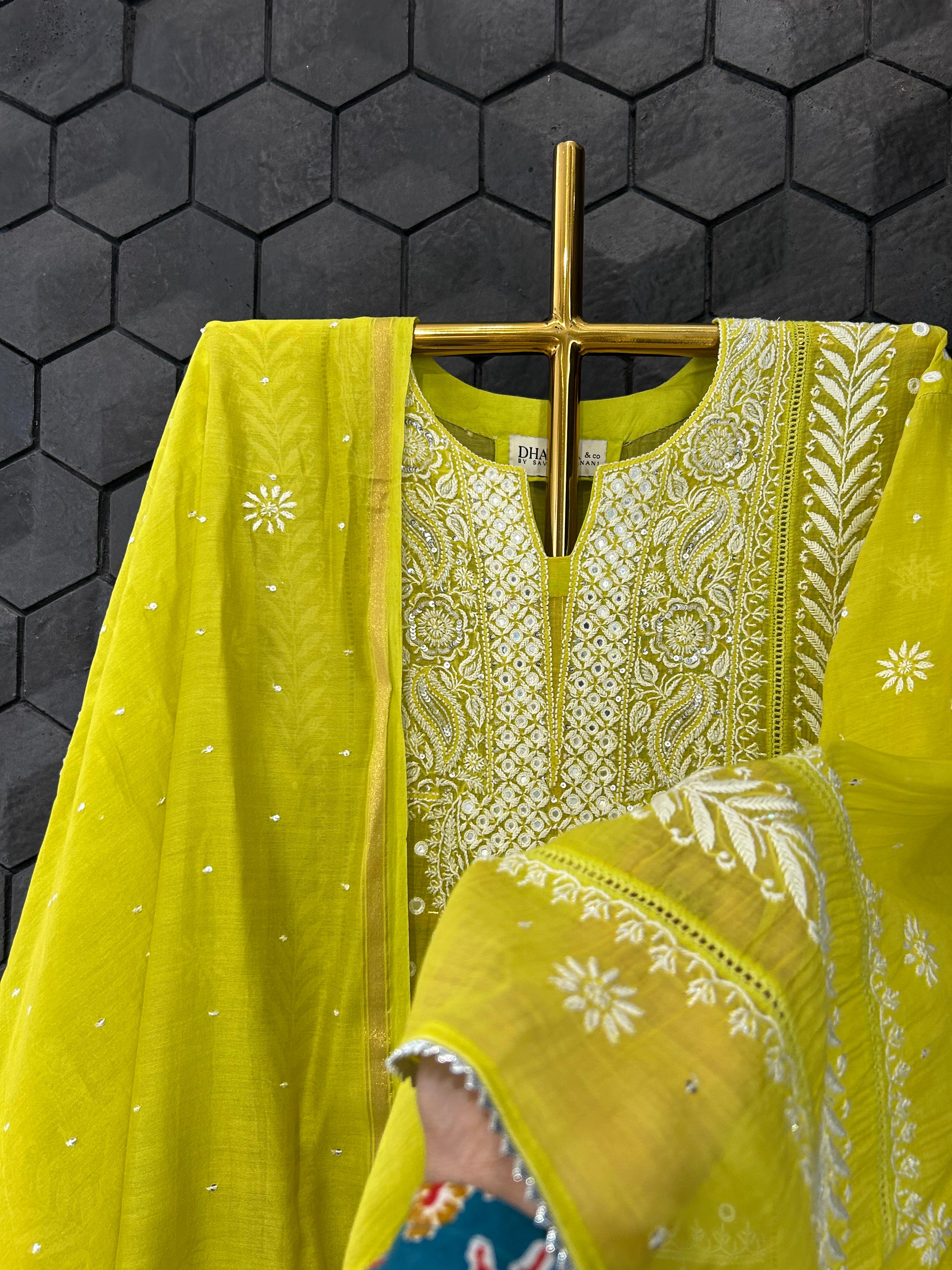 Green mul chanderi chikankari kurta set