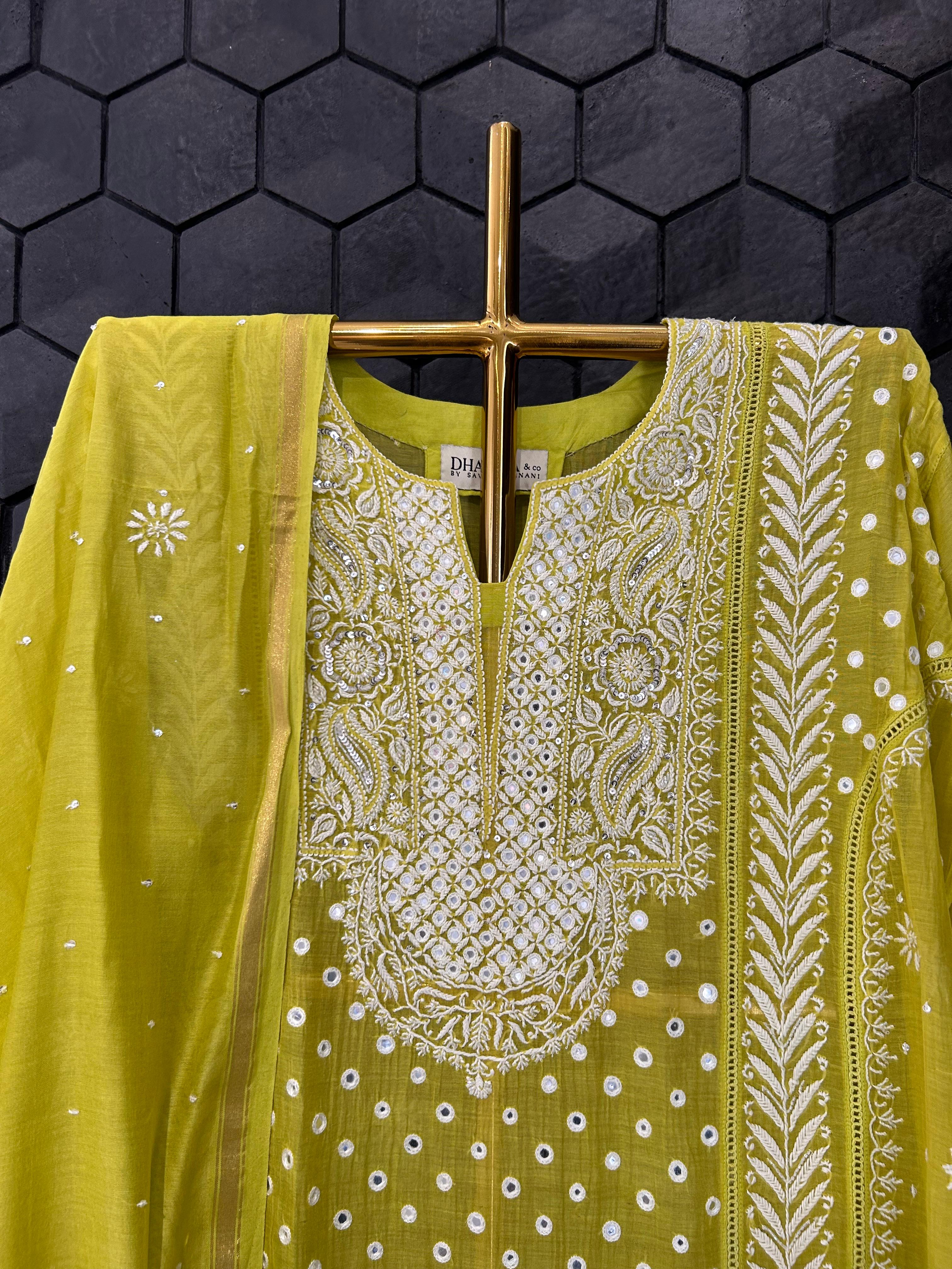 Green mul chanderi chikankari kurta set