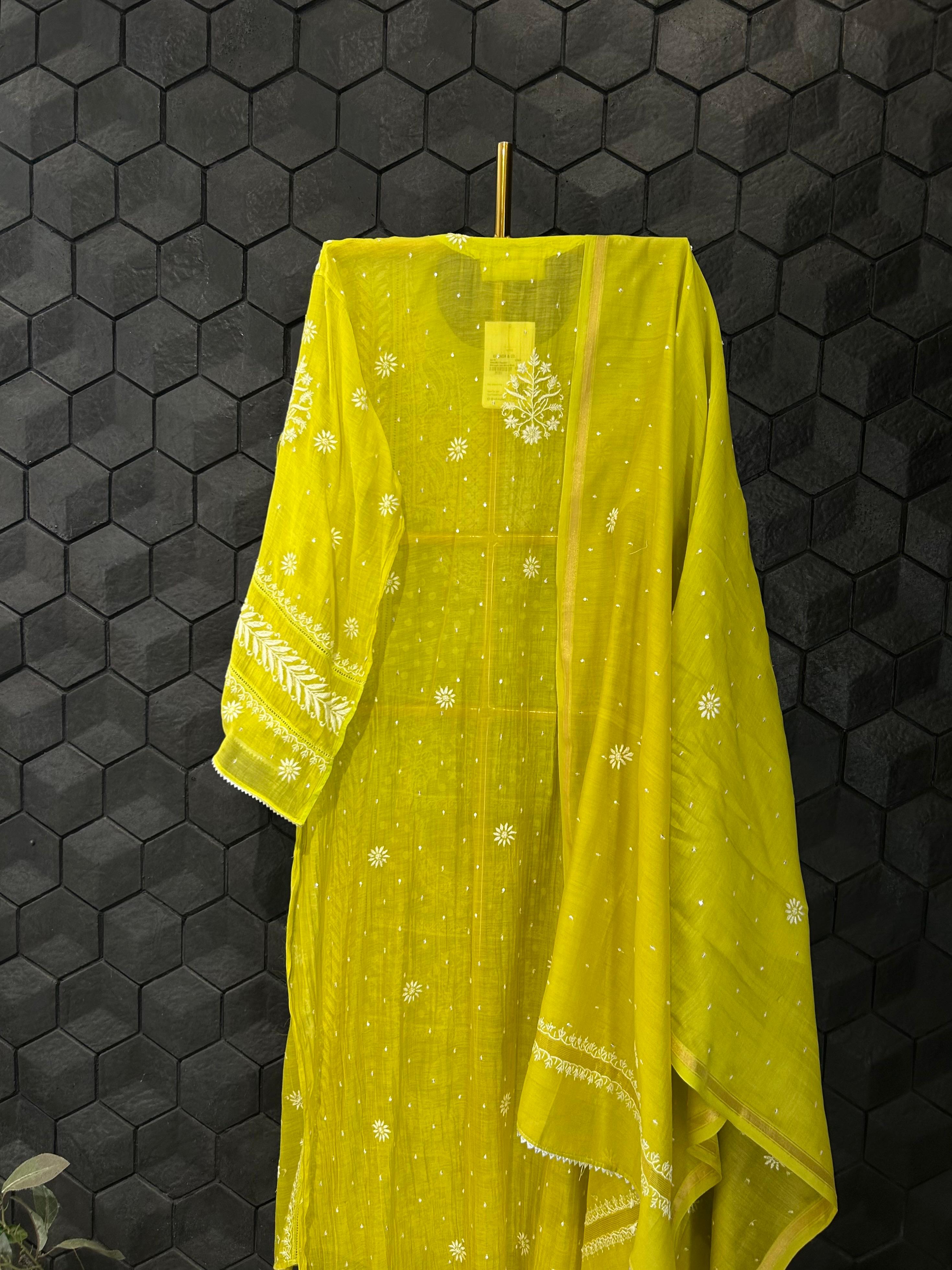 Green mul chanderi chikankari kurta set