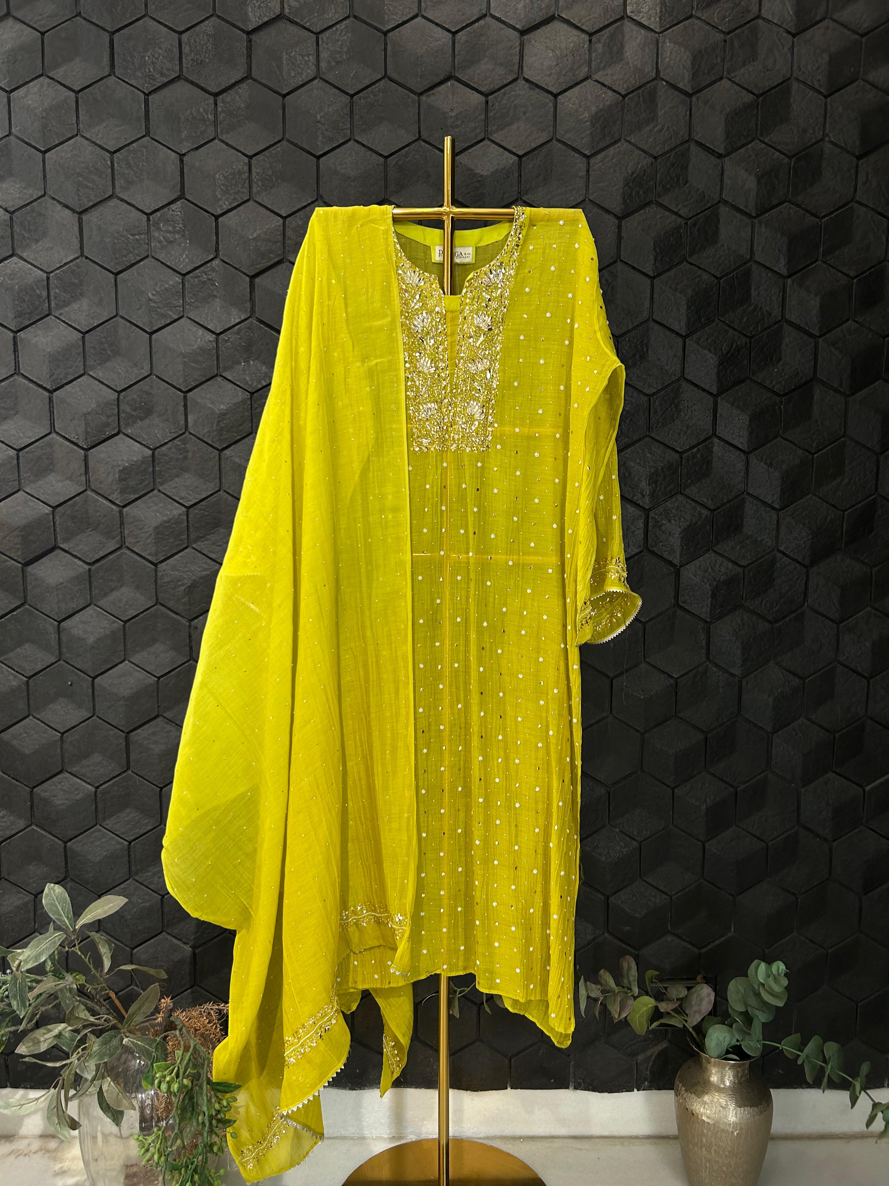 Green Mul Chanderi Mukaish Kurta Set