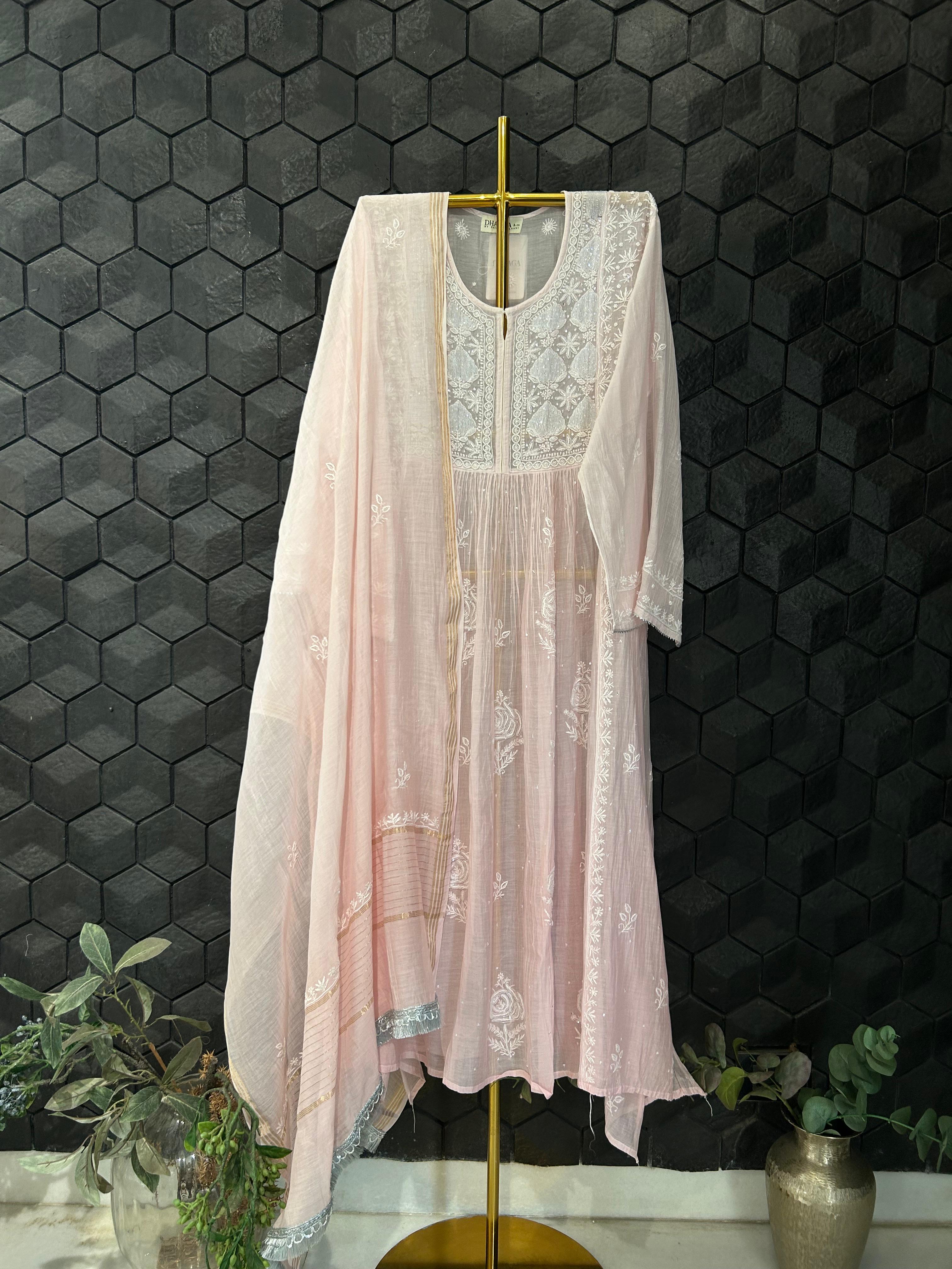 Pink Mul Chanderi Chikankari Kurta Set