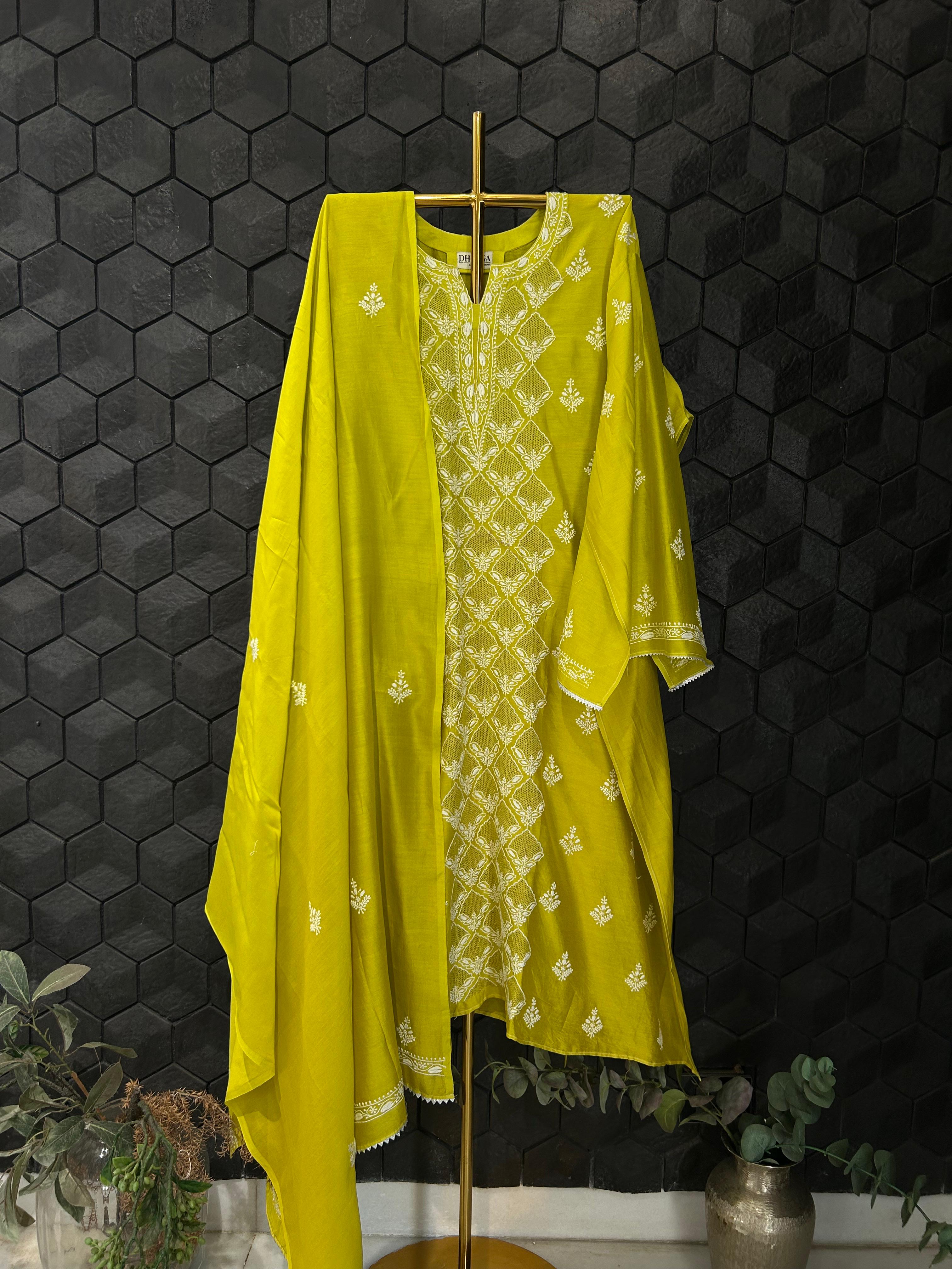 Green Chanderi Chikankari Kurta Set