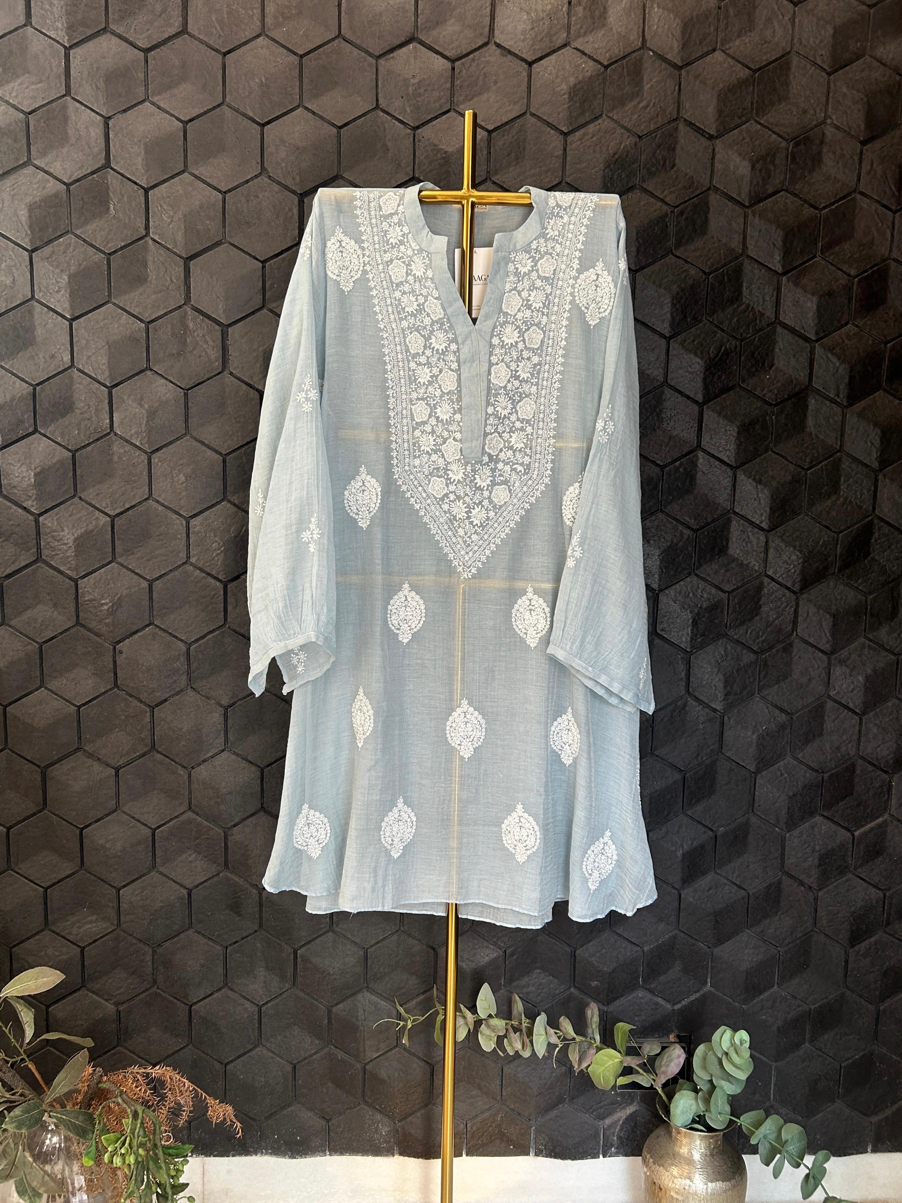 Blue Silver Tissue Chikankari Co-ord Set