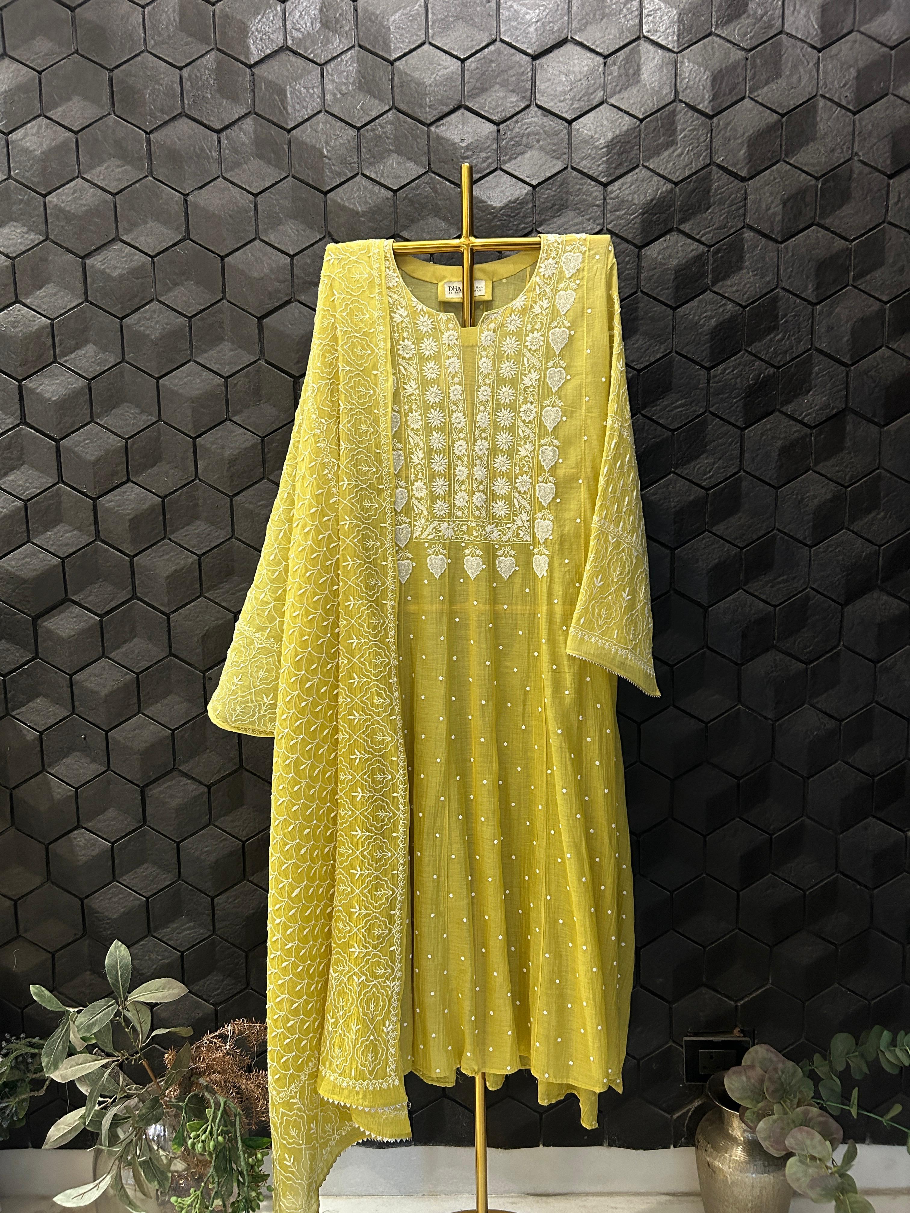 Green Mul Chanderi Chikankari Anarkali Set