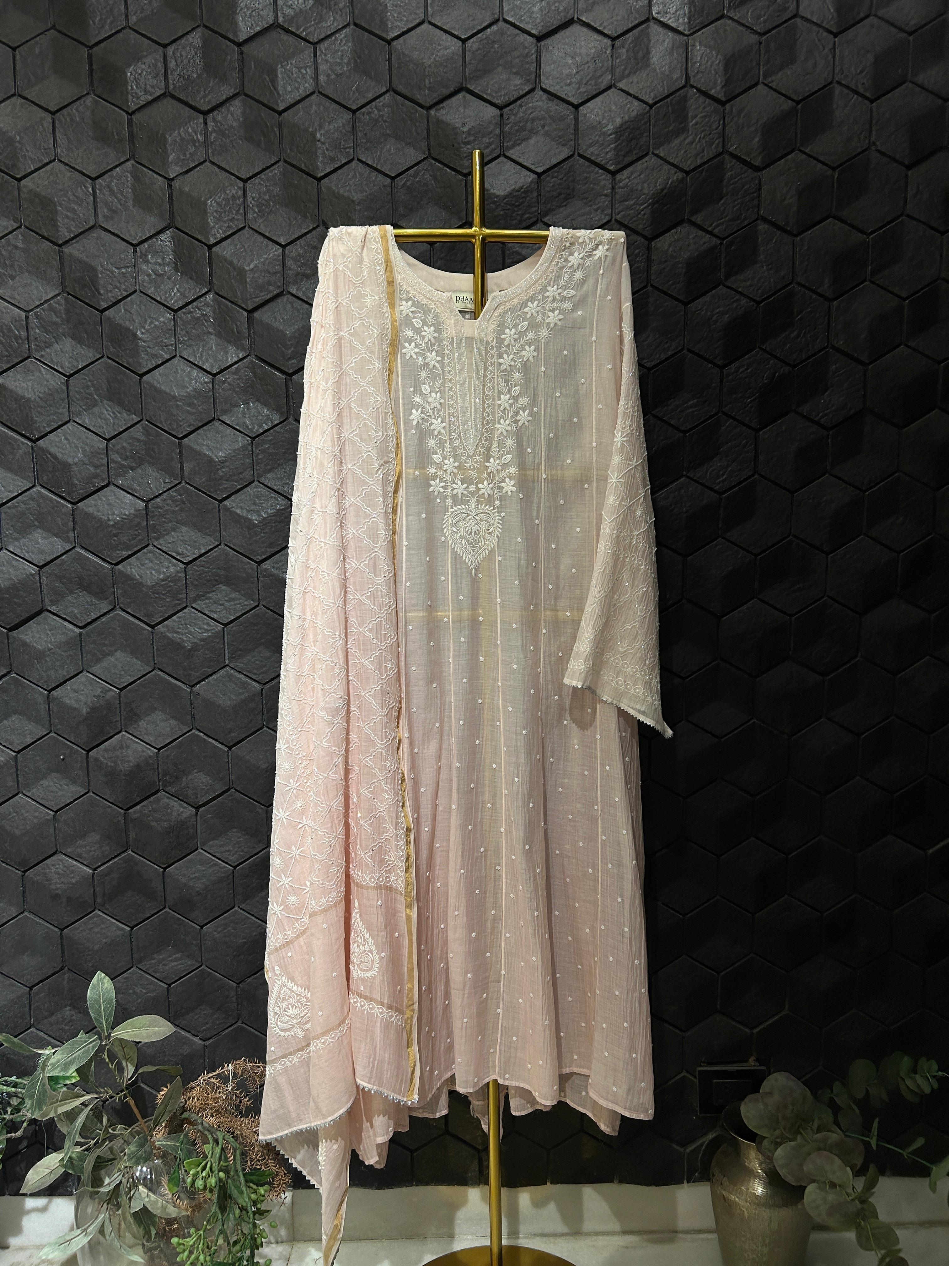 Pink Mul Chanderi Chikankari Anarkali Set