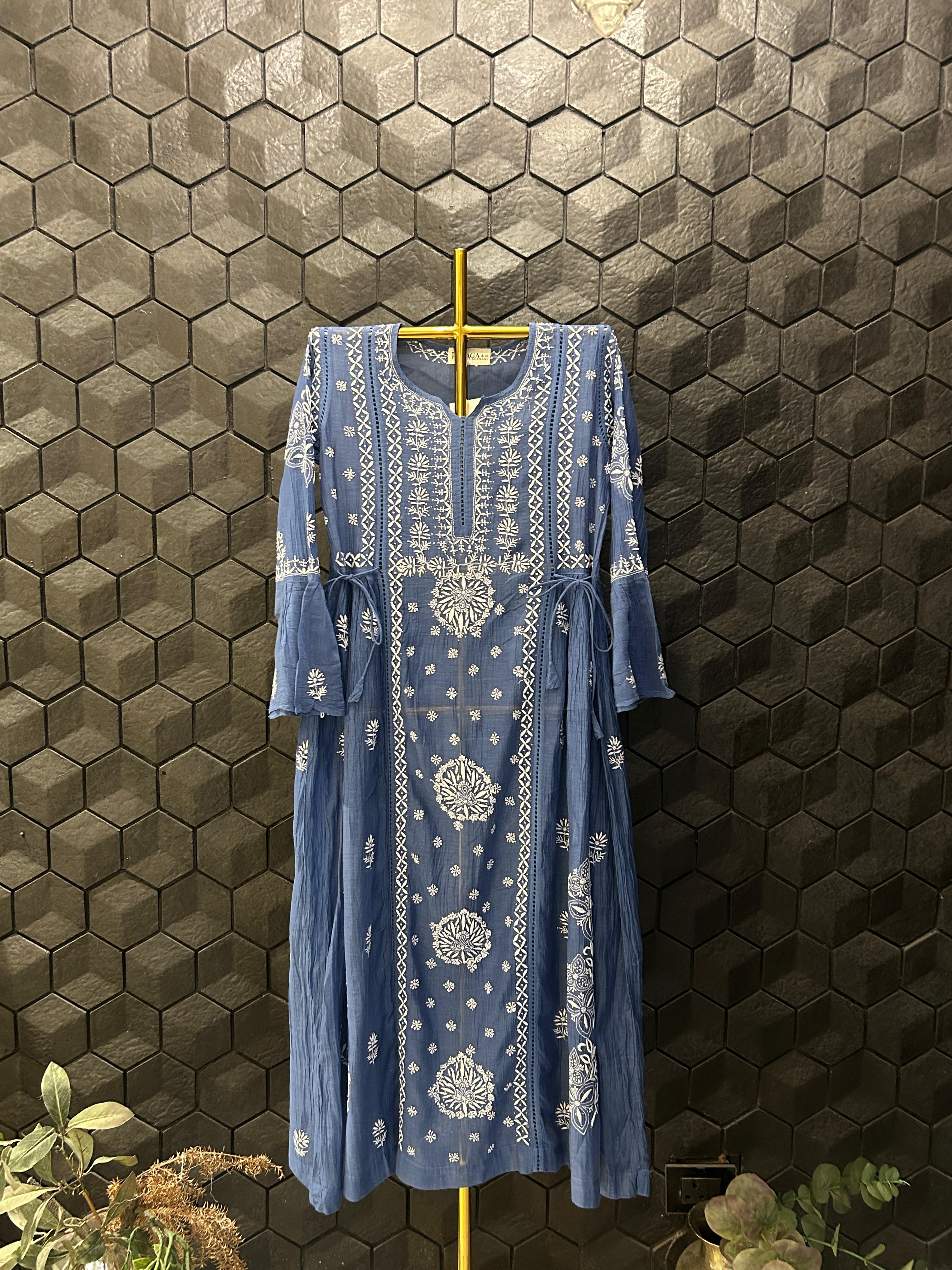 Blue Mul Chanderi Chikankari And Mukaish Dress