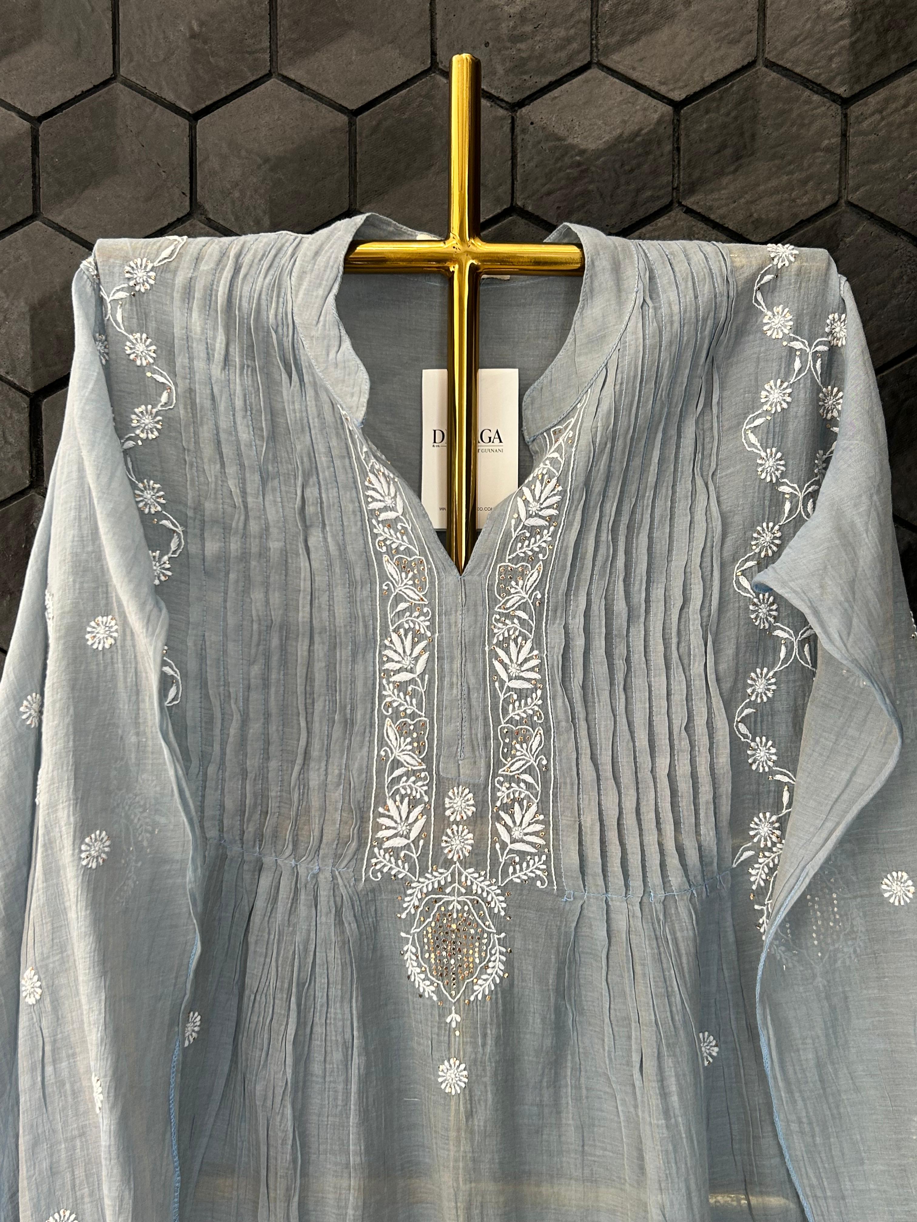 Grey Golden Tissue Chikankari Co-ord Set